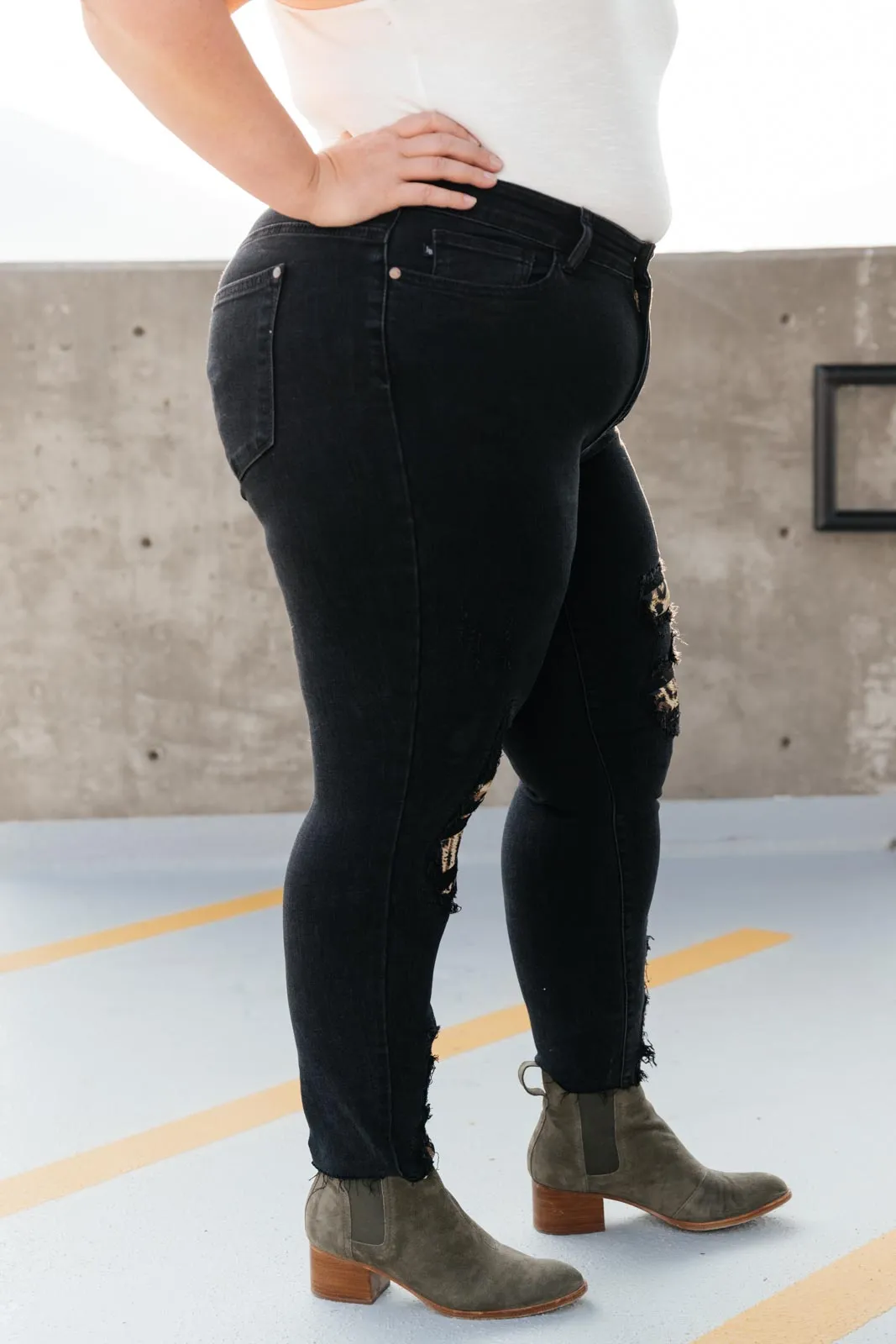Judy Blue Mid Rise Animal Print Distressed Skinny Jeans