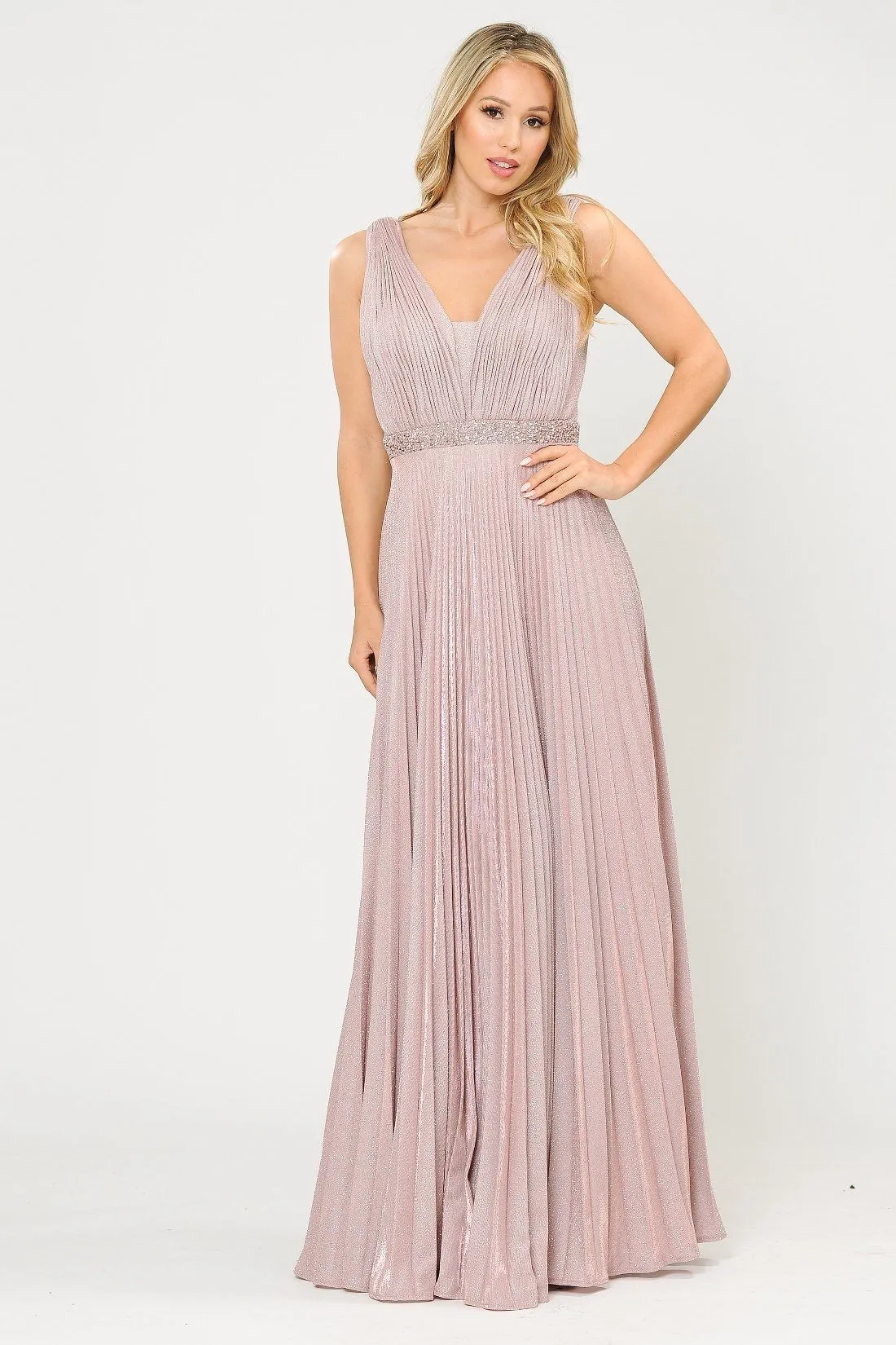 Long A-line Ruched Metallic Glitter Dress by Poly USA 8600