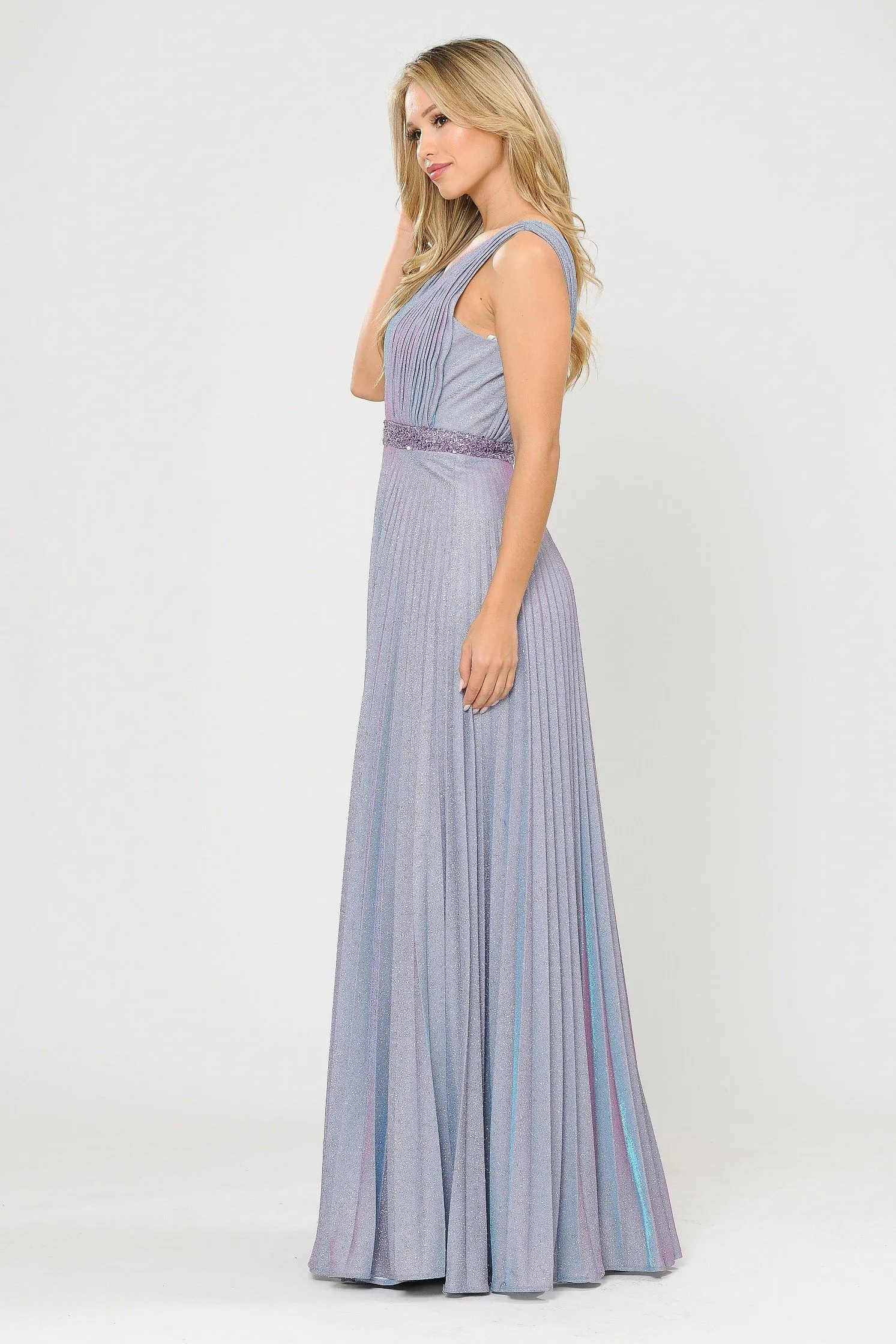 Long A-line Ruched Metallic Glitter Dress by Poly USA 8600
