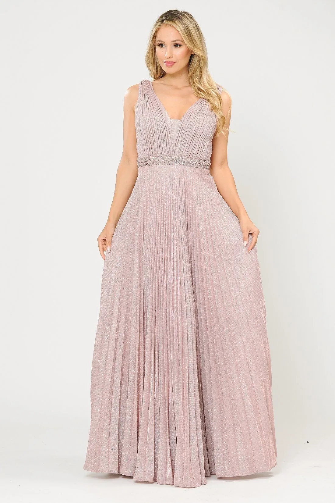 Long A-line Ruched Metallic Glitter Dress by Poly USA 8600