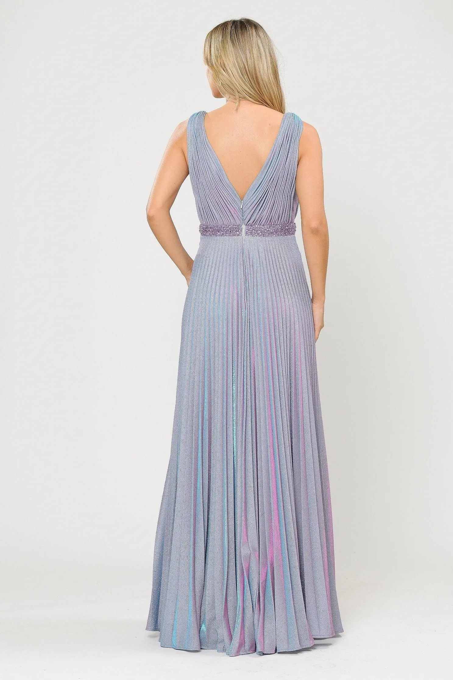 Long A-line Ruched Metallic Glitter Dress by Poly USA 8600