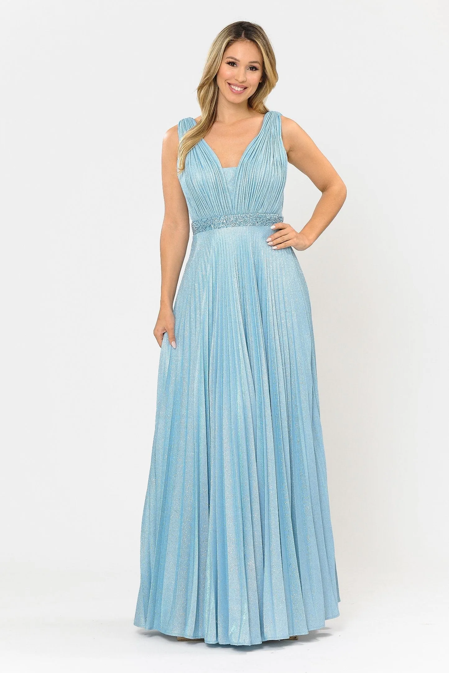 Long A-line Ruched Metallic Glitter Dress by Poly USA 8600