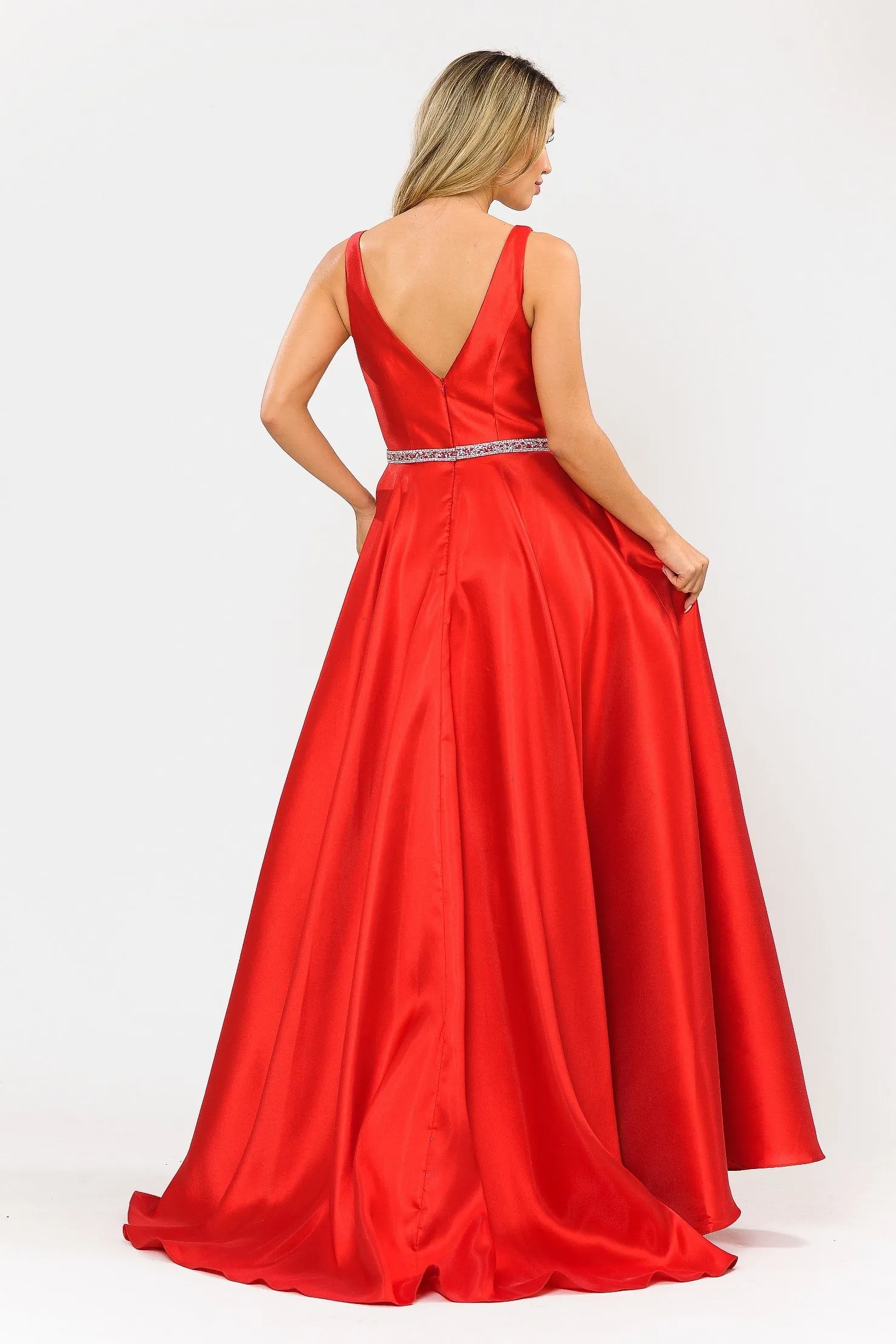 Long Illusion V-Neck Mikado Dress by Poly USA 8682