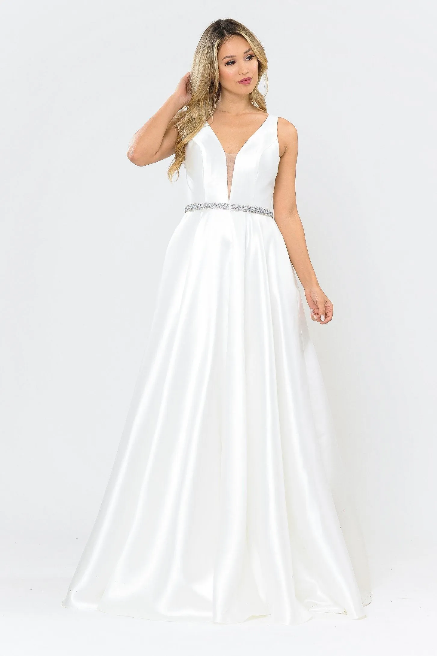 Long Illusion V-Neck Mikado Dress by Poly USA 8682