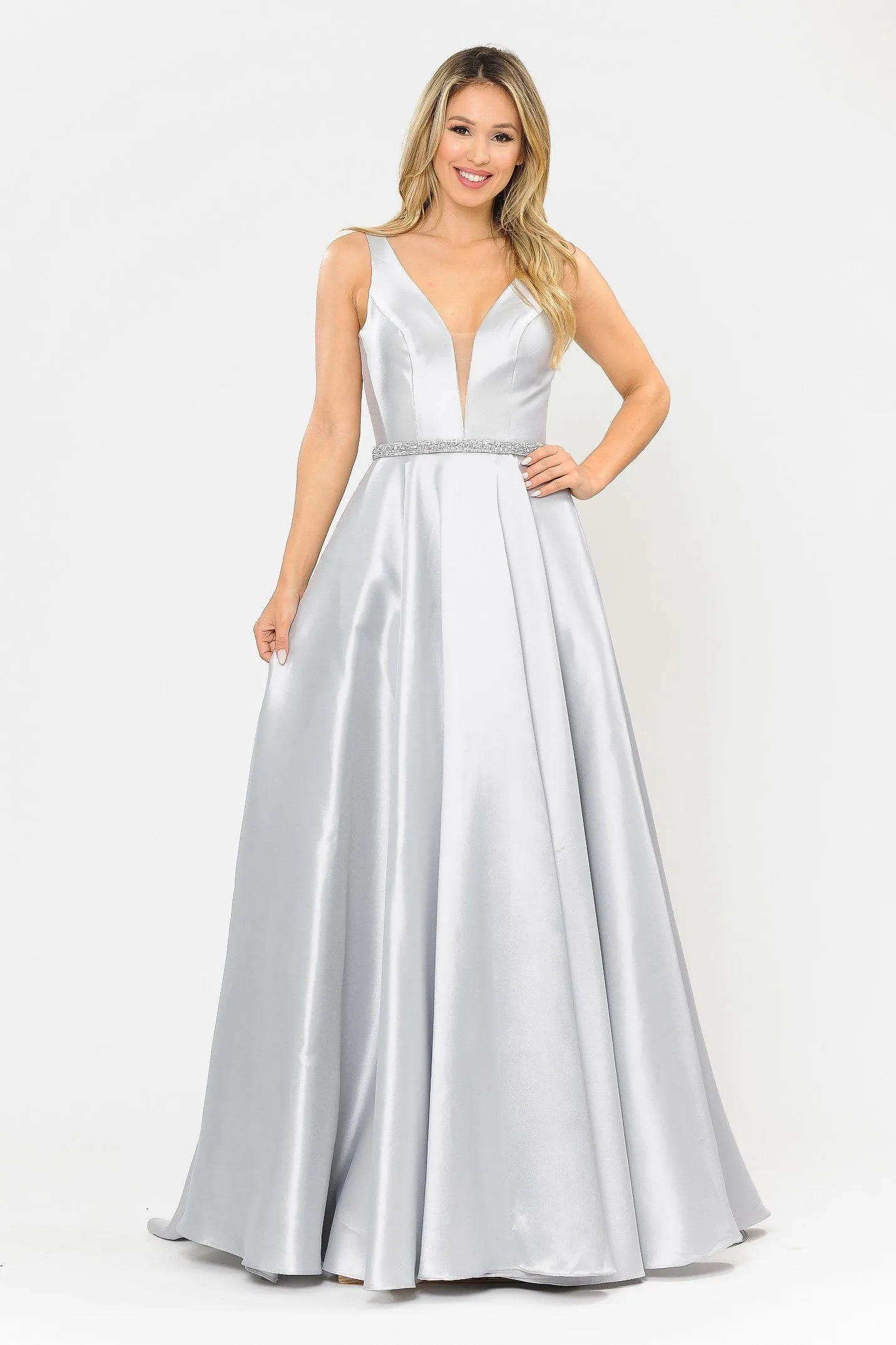 Long Illusion V-Neck Mikado Dress by Poly USA 8682