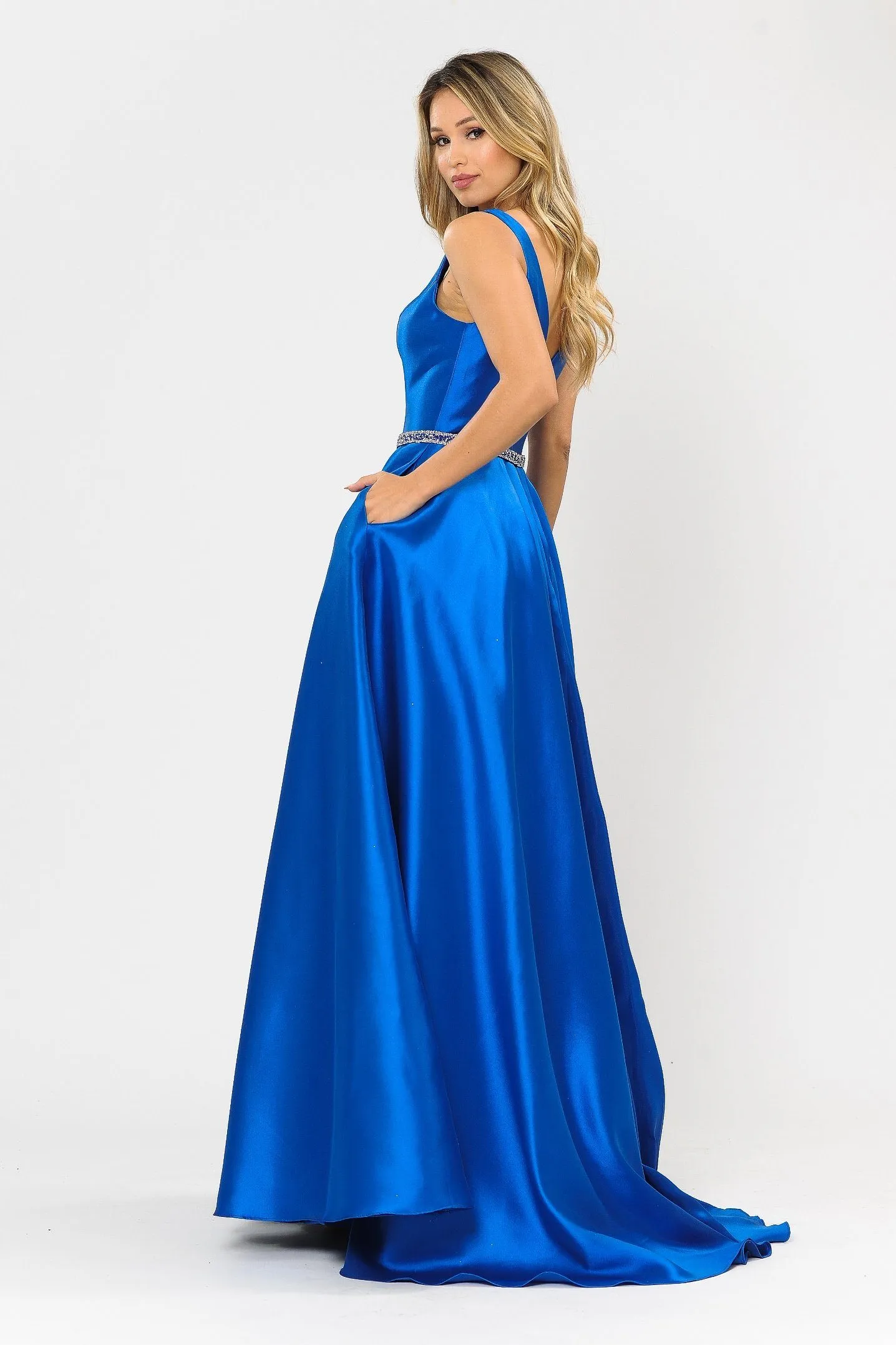 Long Illusion V-Neck Mikado Dress by Poly USA 8682