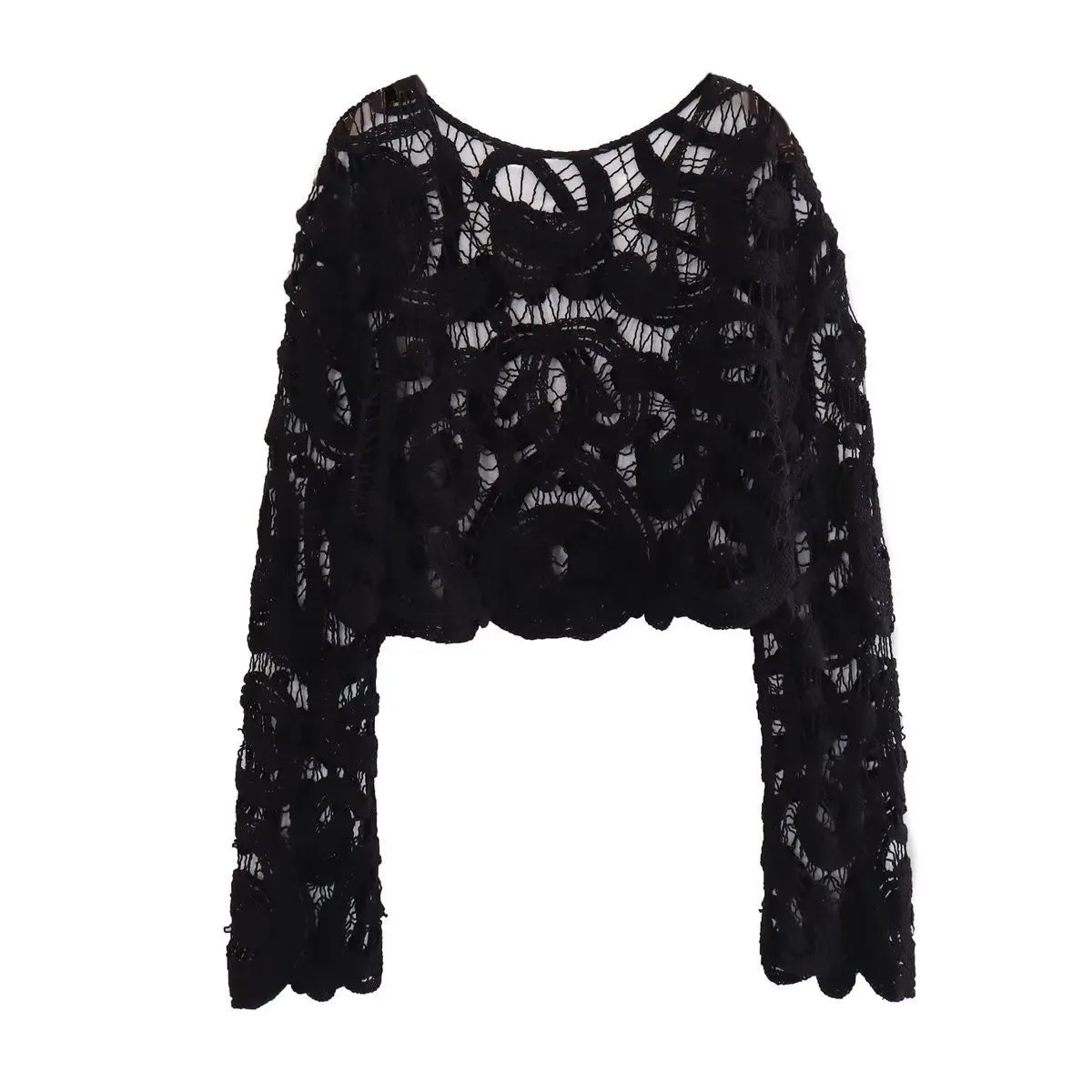 Long Sleeve Crochet Floral Blouse Top