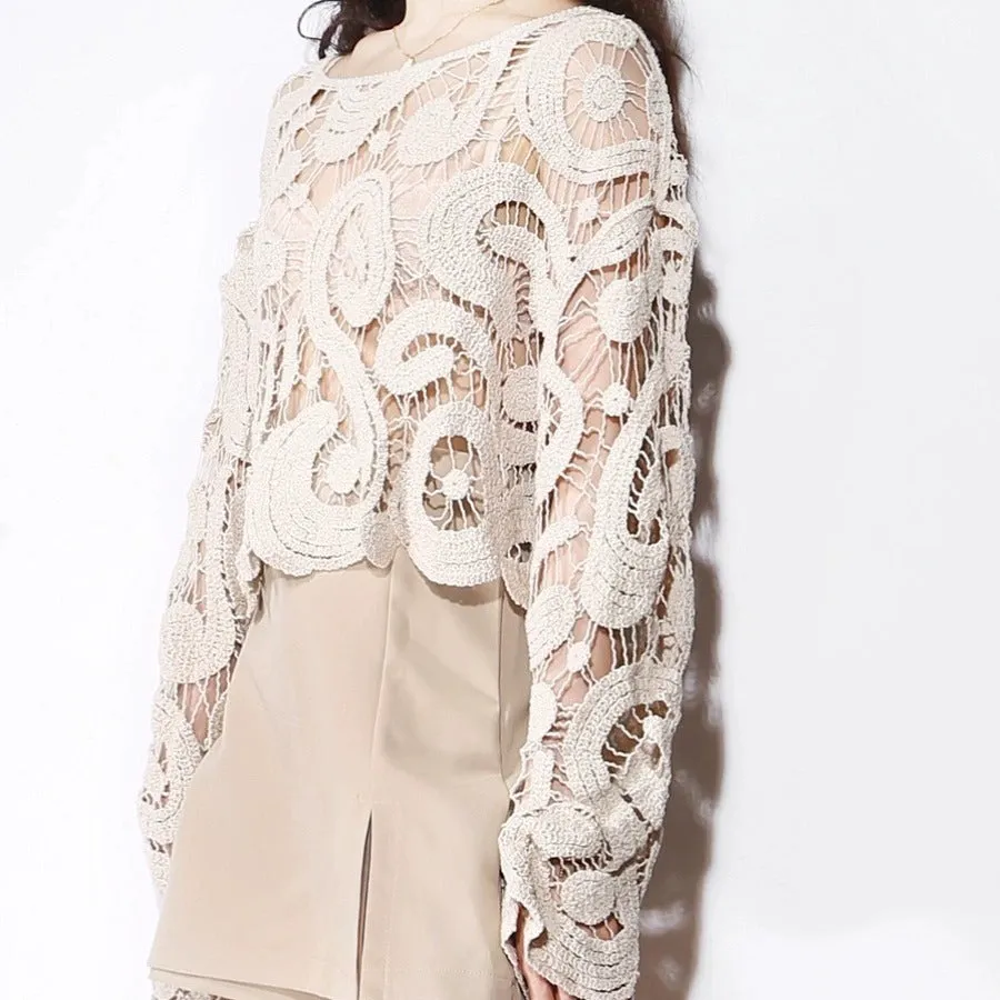 Long Sleeve Crochet Floral Blouse Top