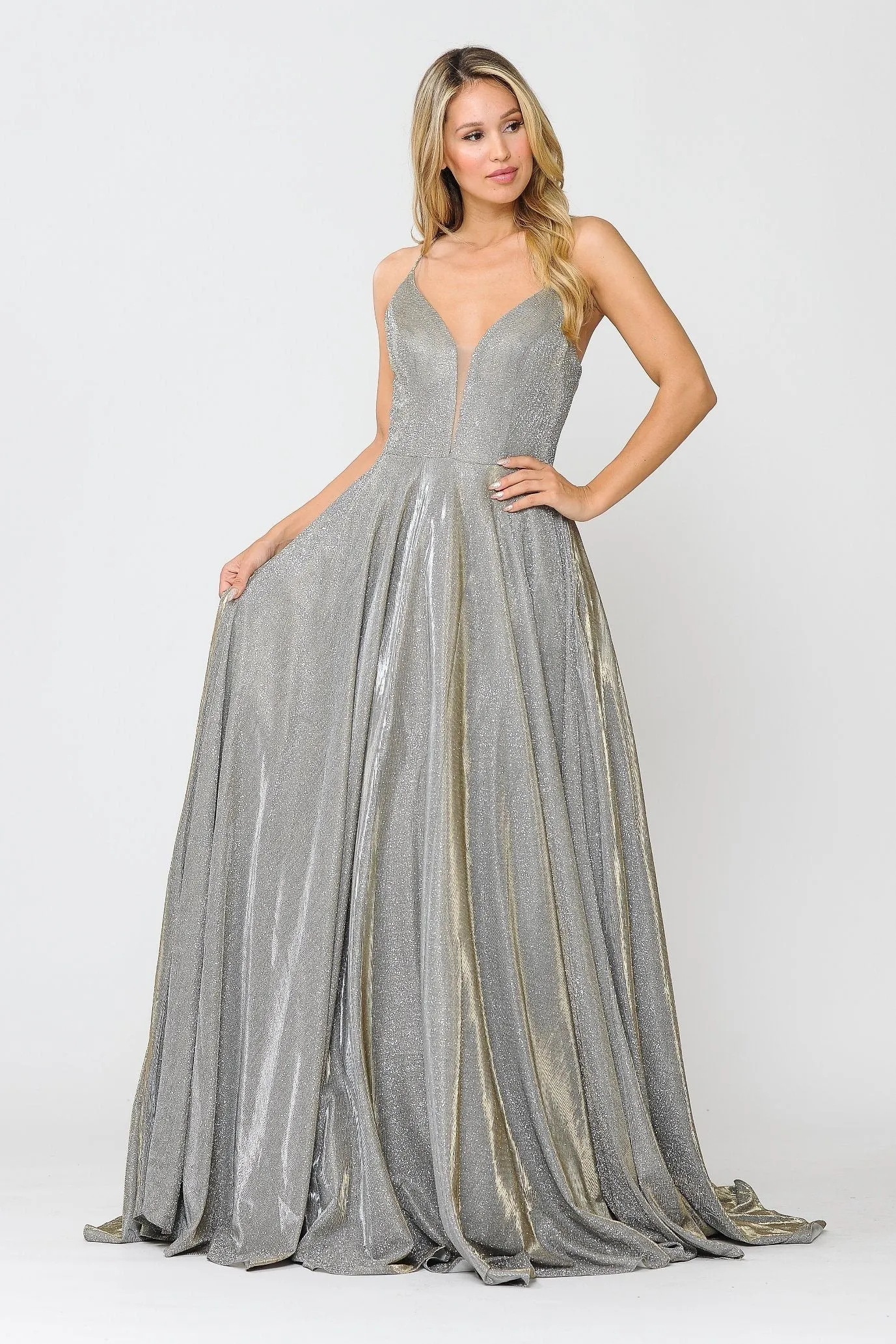 Long V-Neck Glitter Dress with Corset Back by Poly USA 8556