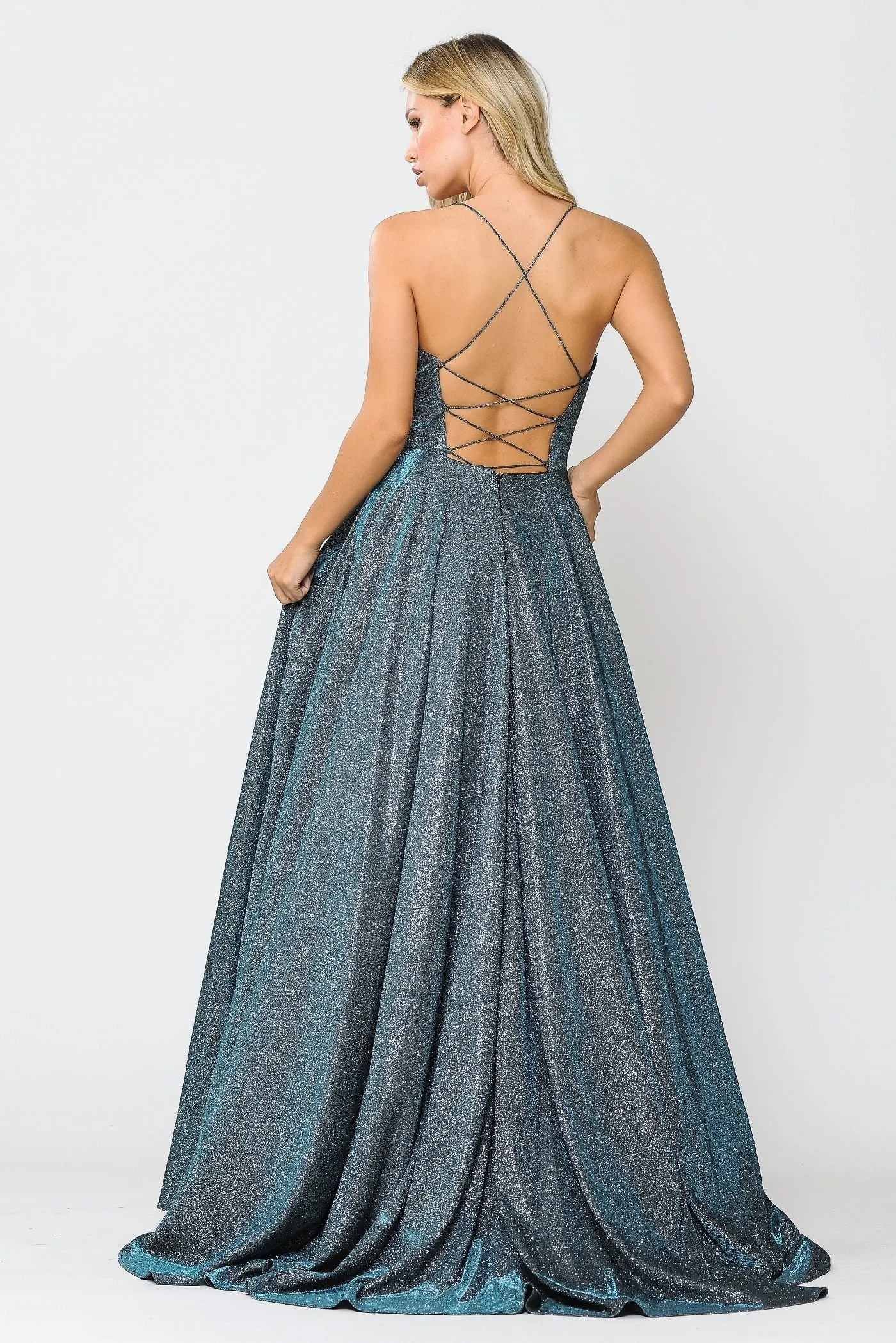 Long V-Neck Glitter Dress with Corset Back by Poly USA 8556