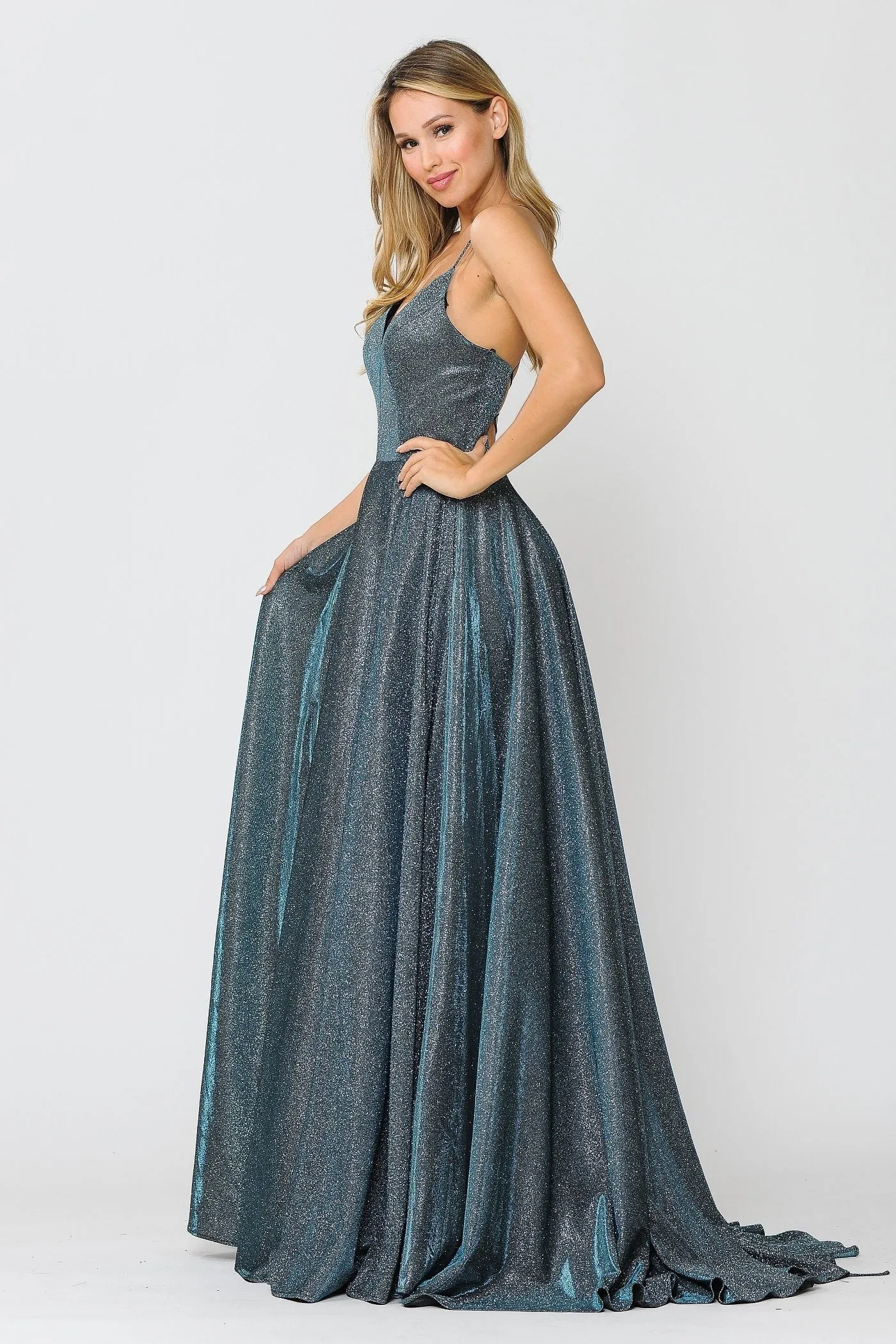 Long V-Neck Glitter Dress with Corset Back by Poly USA 8556