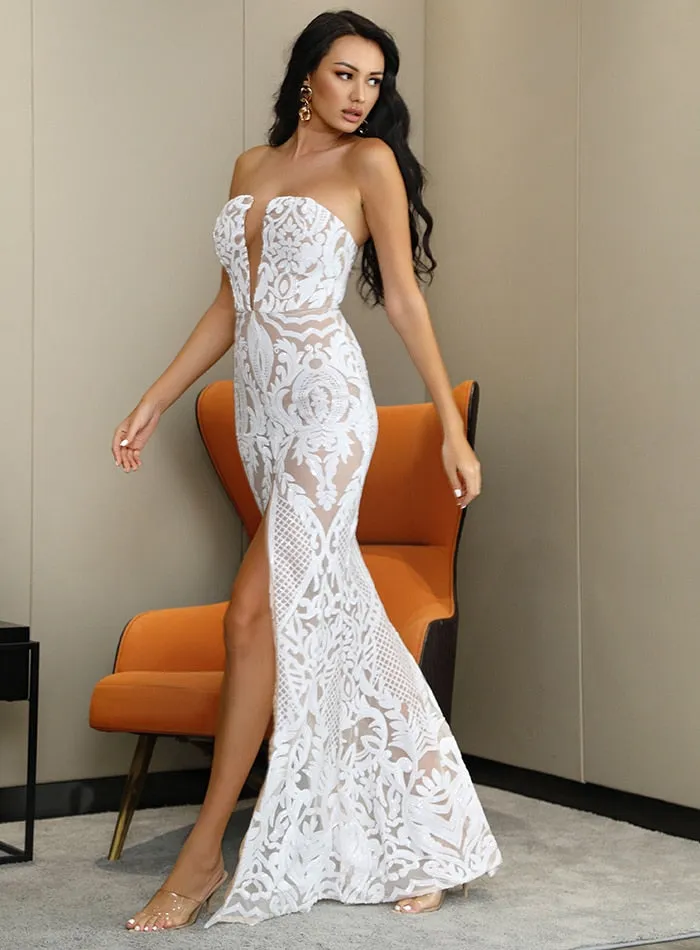 LOVE&LEMONADE Sexy White Tube Top Mesh High Split Bodycon Maxi Dress