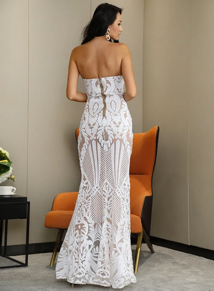 LOVE&LEMONADE Sexy White Tube Top Mesh High Split Bodycon Maxi Dress