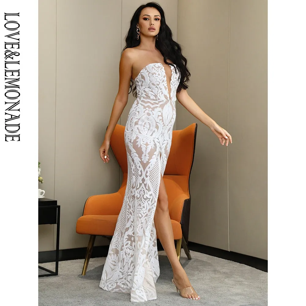 LOVE&LEMONADE Sexy White Tube Top Mesh High Split Bodycon Maxi Dress