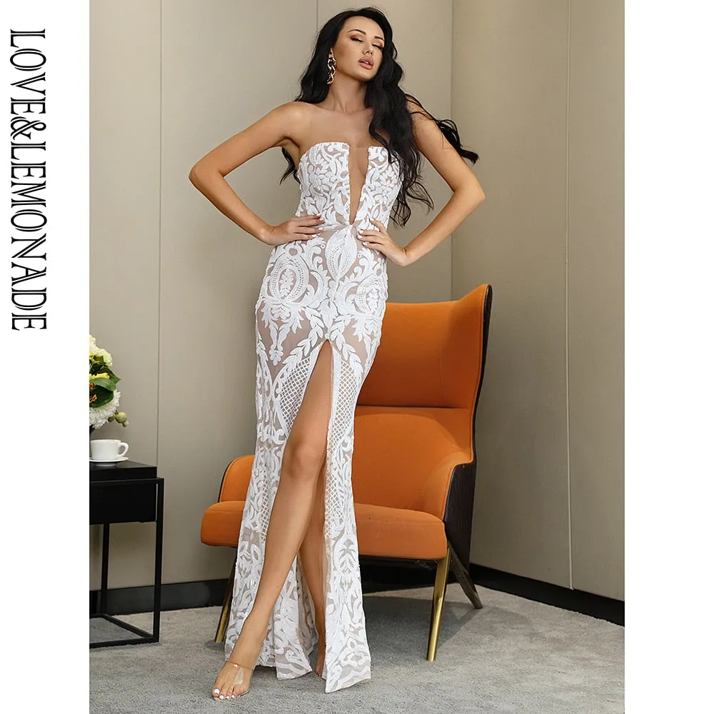 LOVE&LEMONADE Sexy White Tube Top Mesh High Split Bodycon Maxi Dress