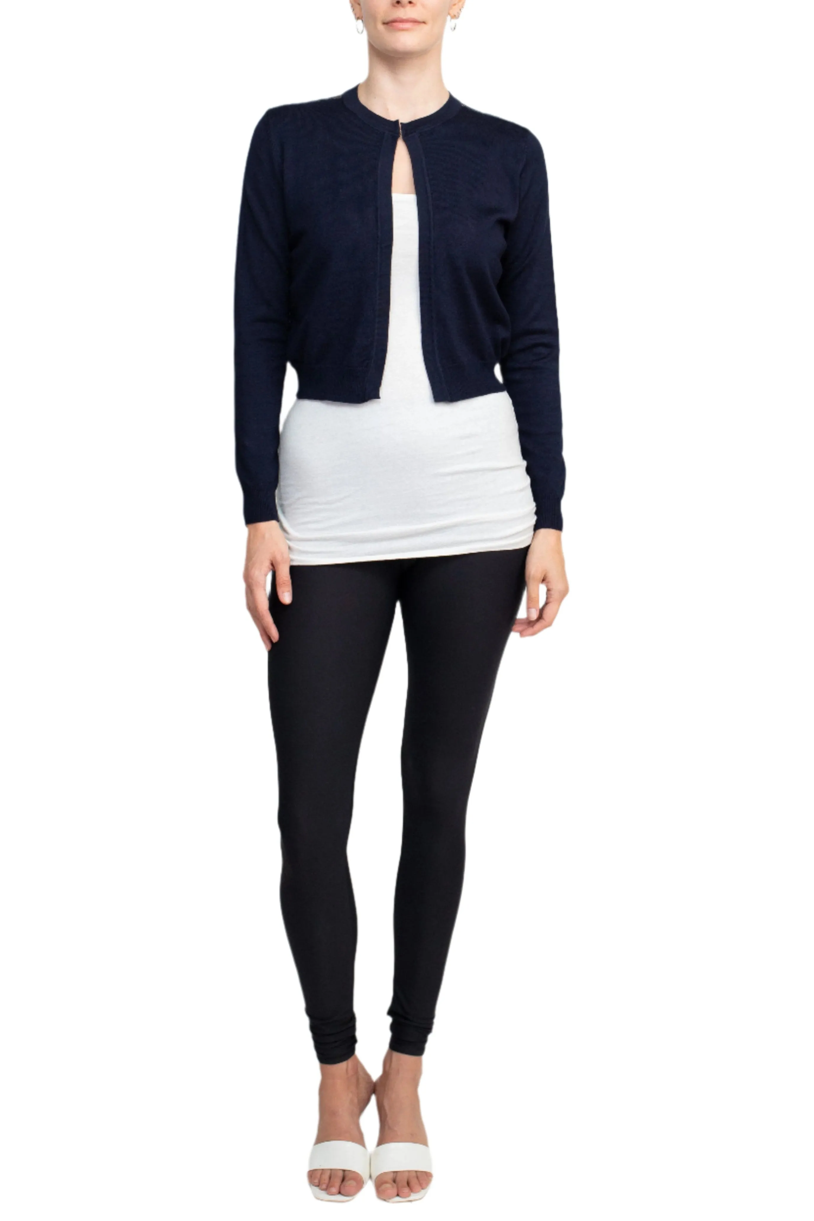 Luxxe Lane Crew Neck Open Front Hook Eye Closure Long Sleeve Lace Back Knit Bolero
