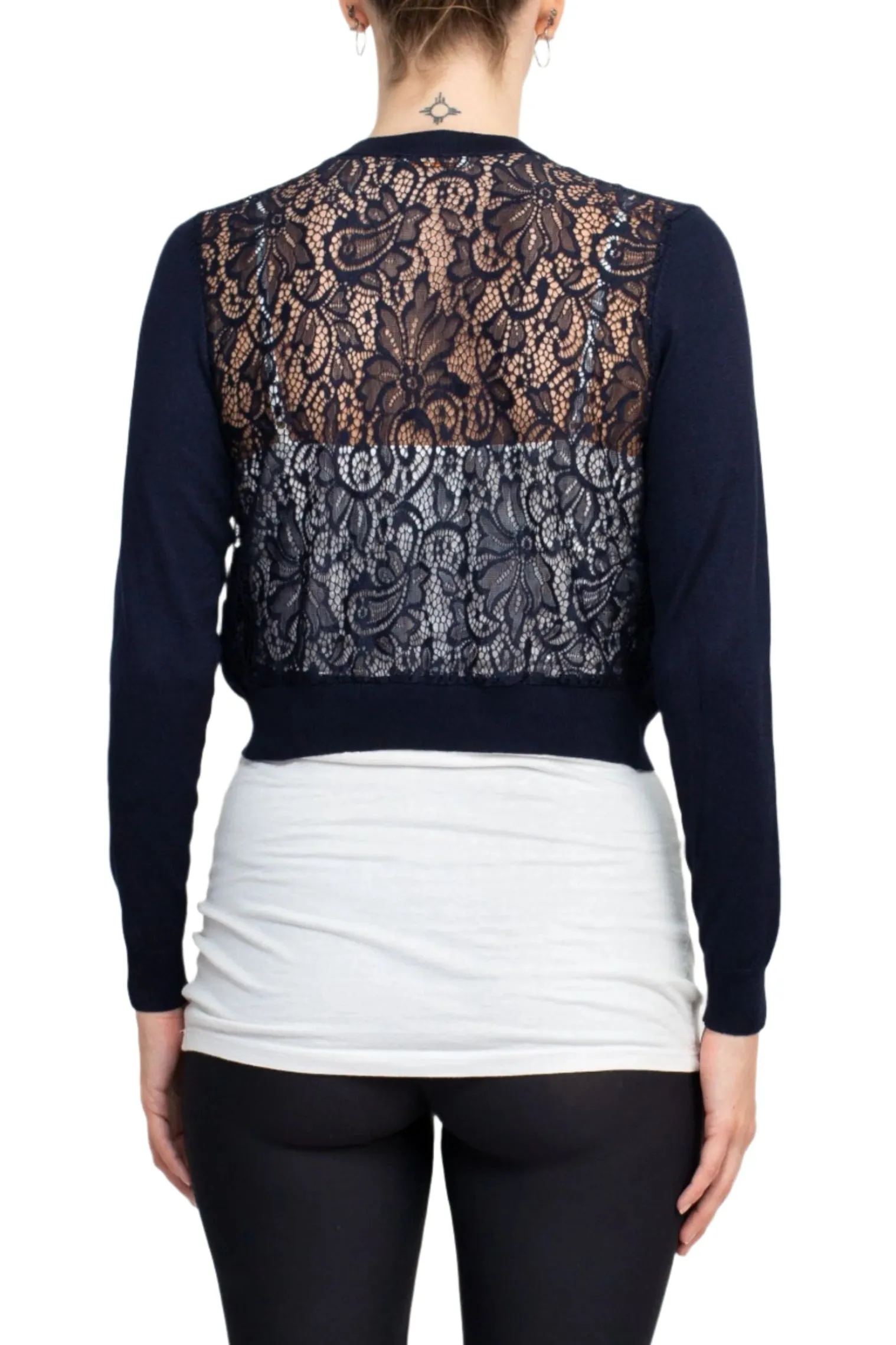Luxxe Lane Crew Neck Open Front Hook Eye Closure Long Sleeve Lace Back Knit Bolero