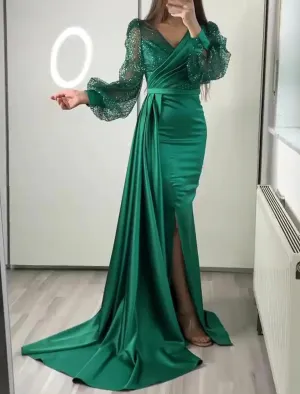 Mermaid / Trumpet Evening Gown Vintage Dress Formal Black Tie Floor Length Long Sleeve V Neck Charmeuse with Buttons Pearls