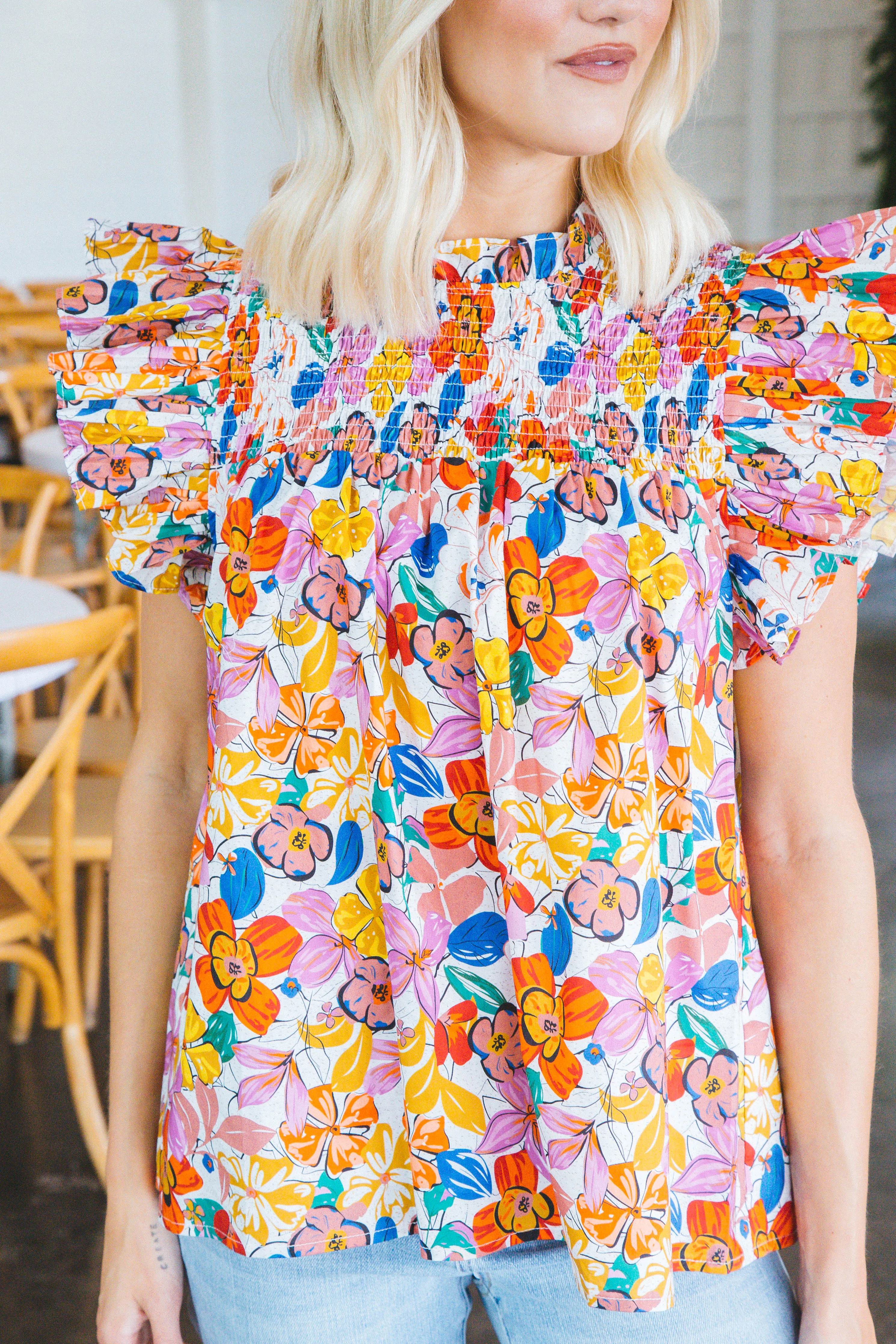 Murphy Smocked Ruffle Sleeve Blouse, Pink Multi