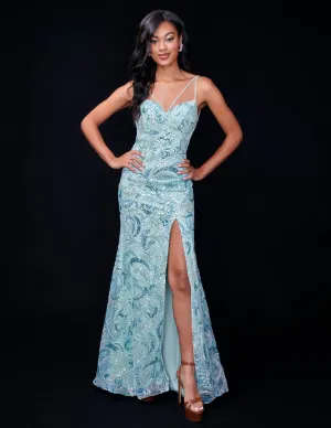 Nina Canacci 3243 Beaded Sequin Backless Formal Dress Prom Slit Evening Gown V Neck