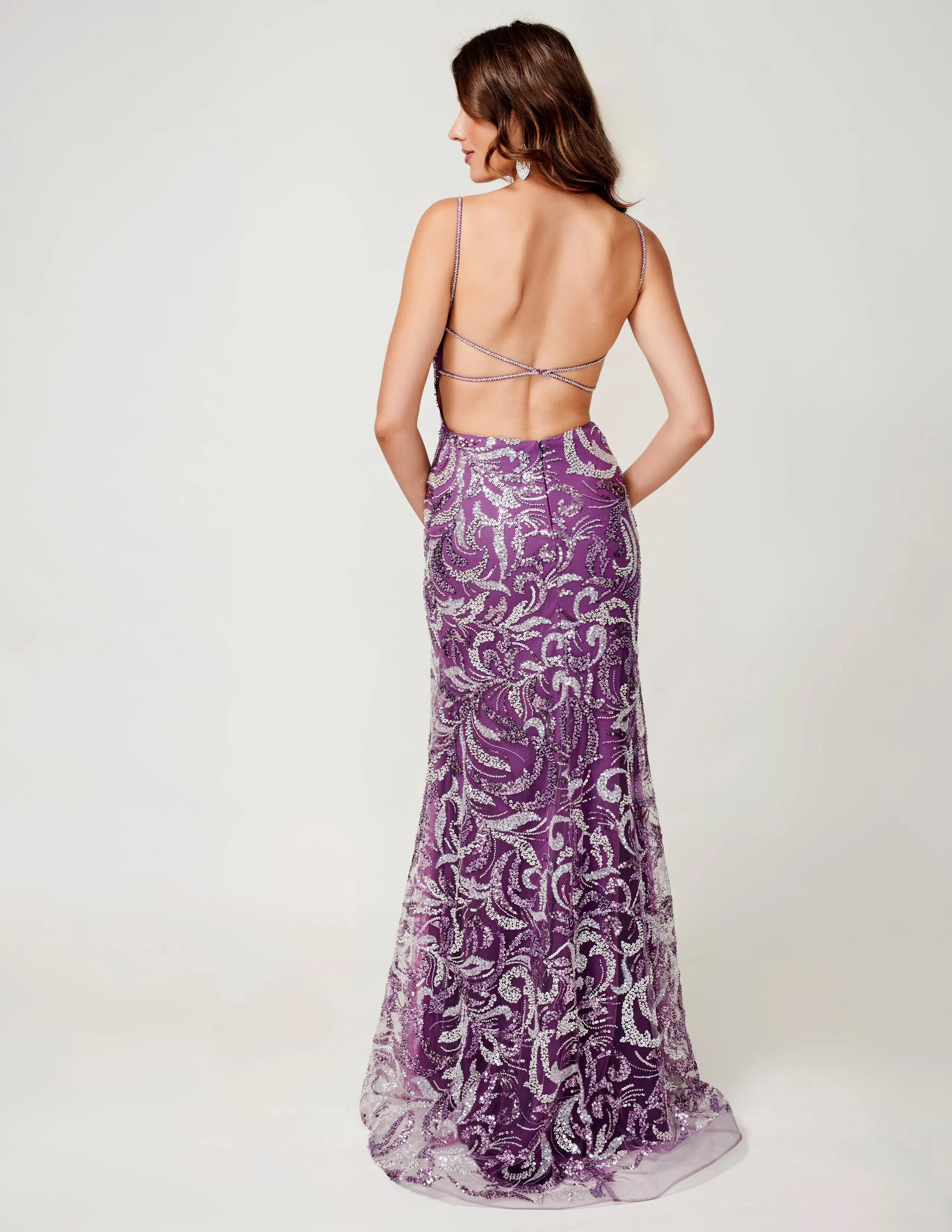 Nina Canacci 3243 Beaded Sequin Backless Formal Dress Prom Slit Evening Gown V Neck