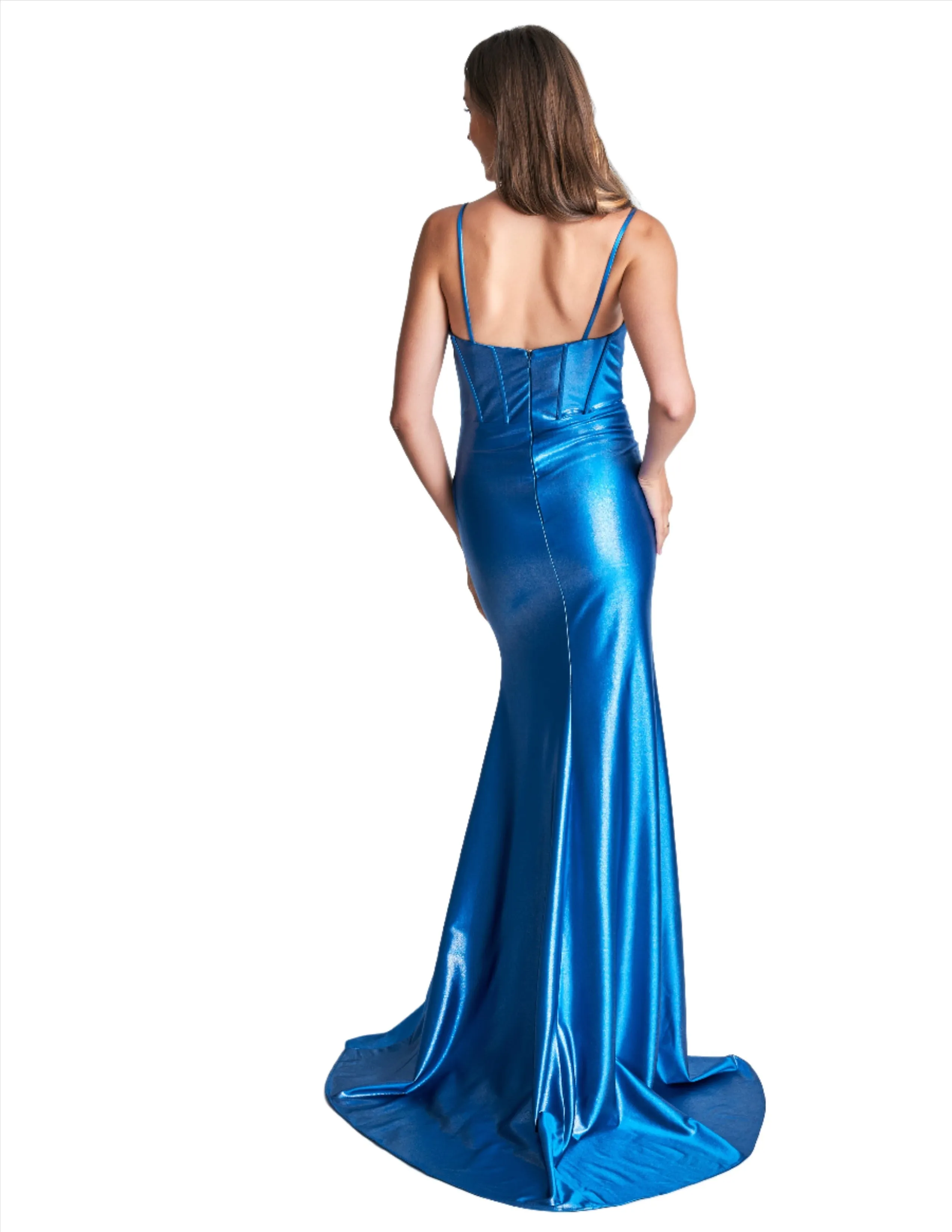 Nina Canacci 4404 Size 4 Peacock Shimmer Jersey Corset Fitted Prom Dress Slit V Neck Ruched formal gown