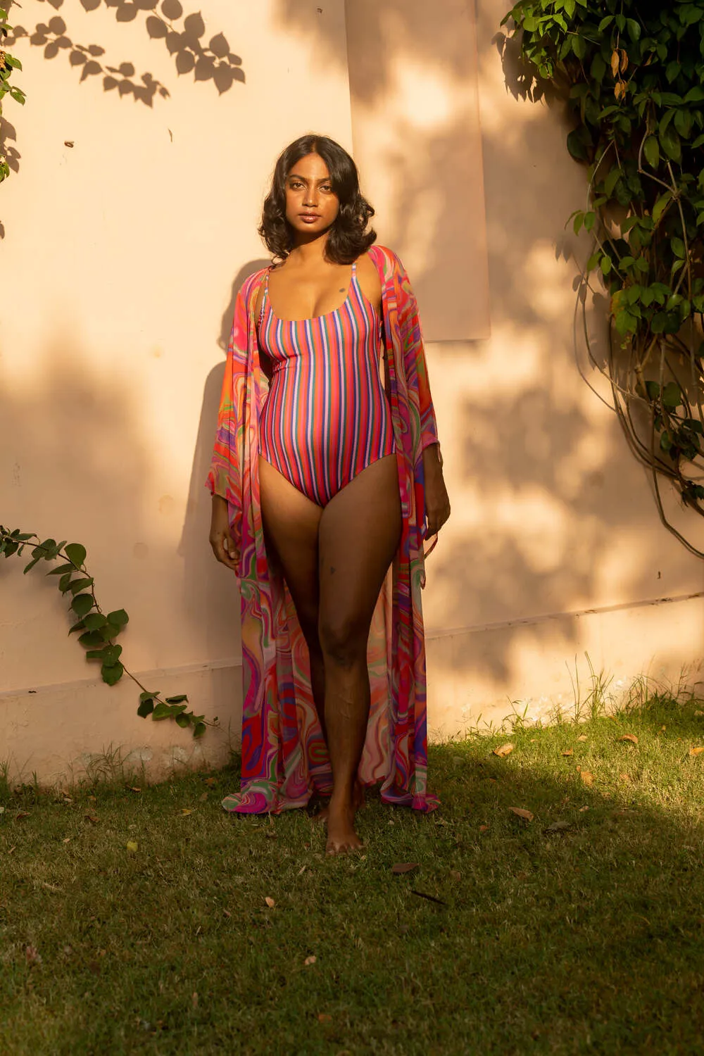 One Piece Swimsuit with Removable Belt - Candy Stripes