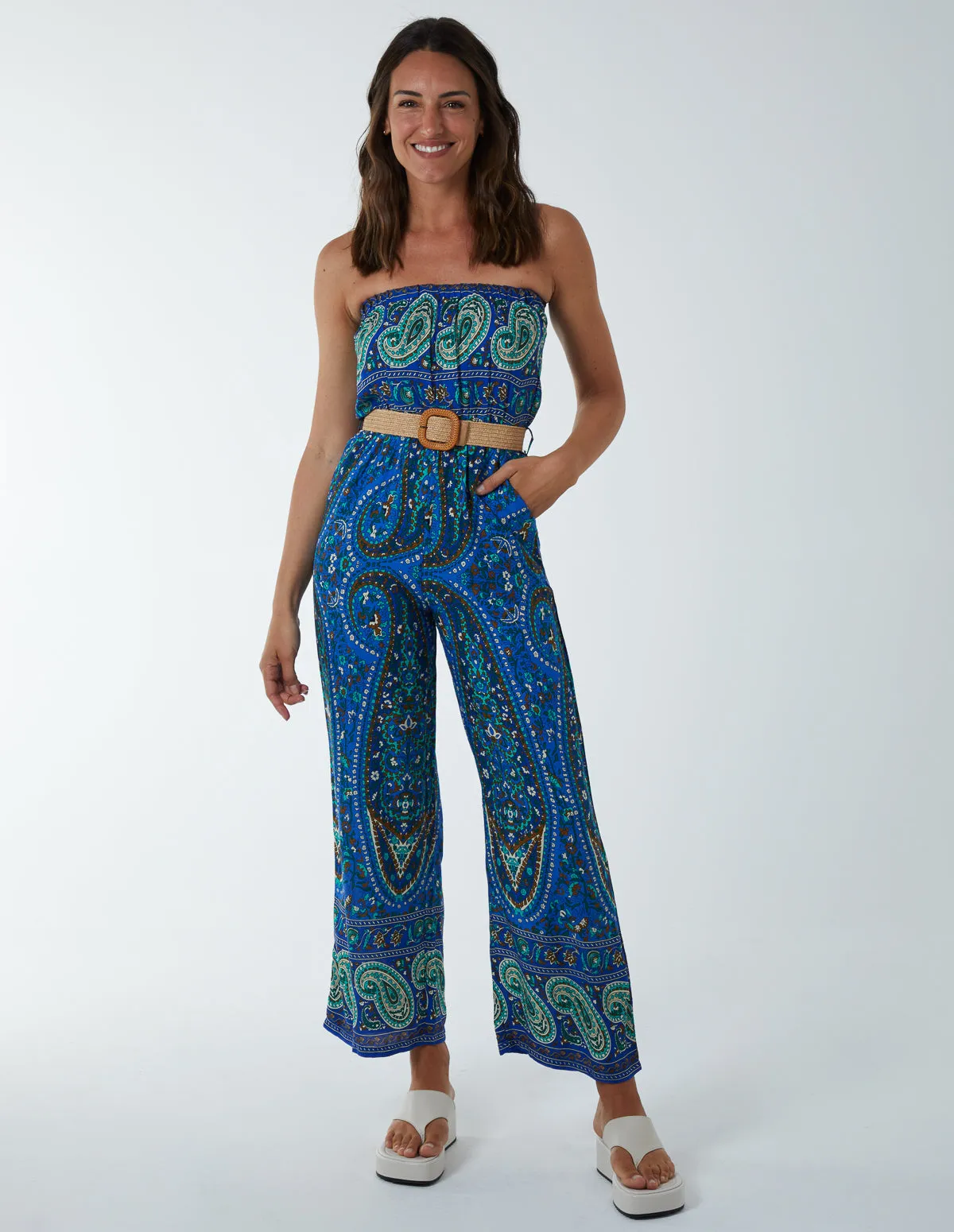 Paisley Woven Belted Bandeau Jumpsuit