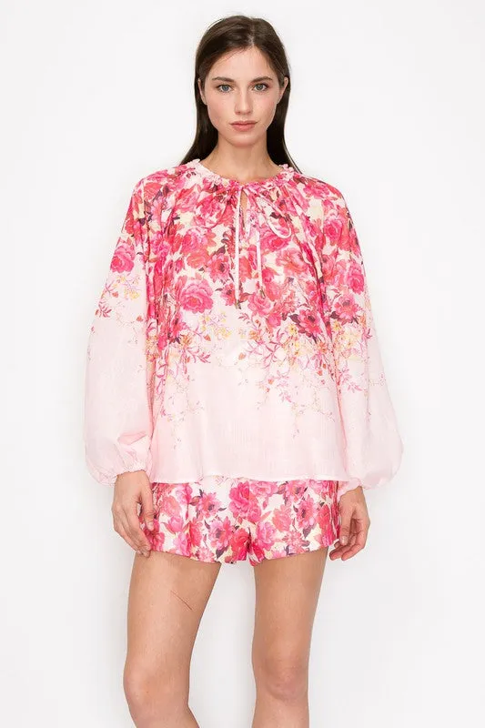 Pink Multi Floral Print Blouse and Belted Short Pants Set