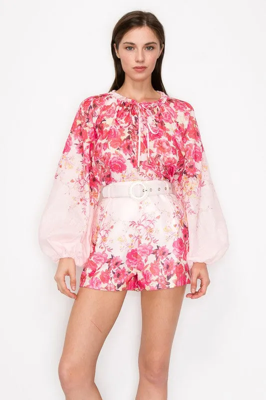 Pink Multi Floral Print Blouse and Belted Short Pants Set
