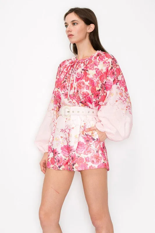 Pink Multi Floral Print Blouse and Belted Short Pants Set