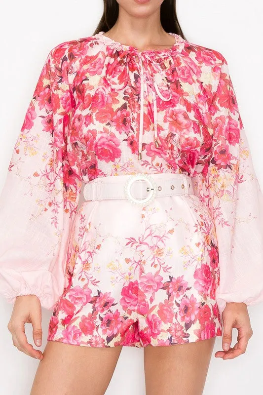 Pink Multi Floral Print Blouse and Belted Short Pants Set