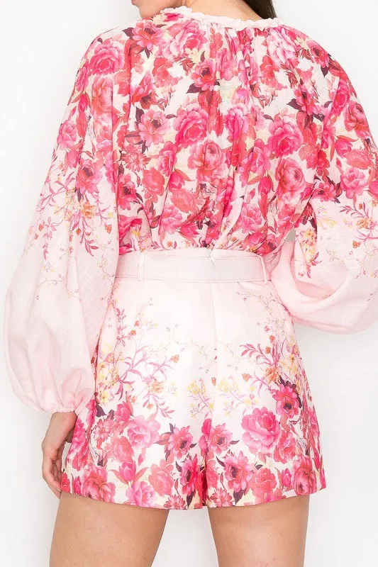 Pink Multi Floral Print Blouse and Belted Short Pants Set