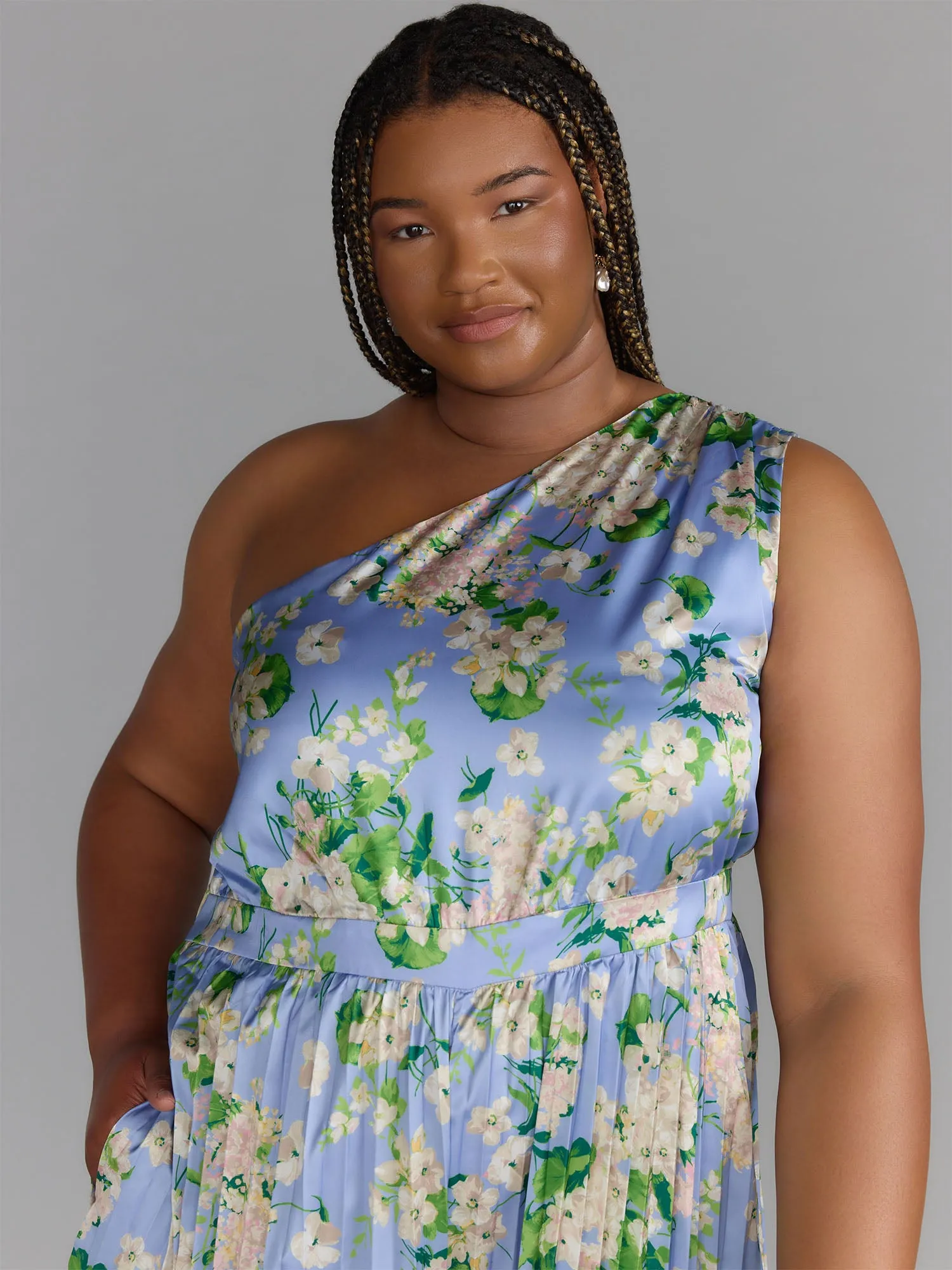 Plus One Shoulder Pleated Jumpsuit