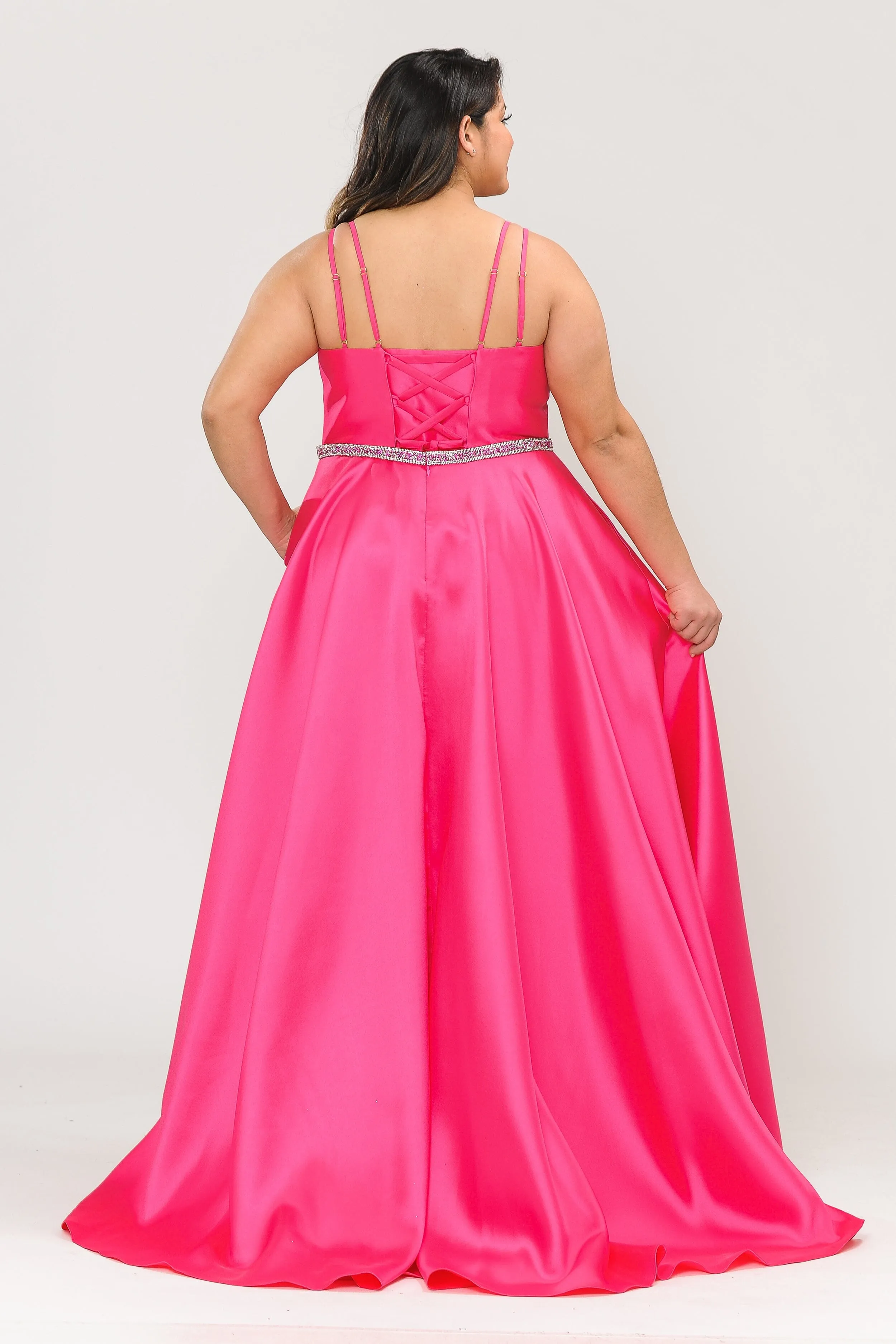 Plus Size Long Deep V-Neck Mikado Dress by Poly USA W1106