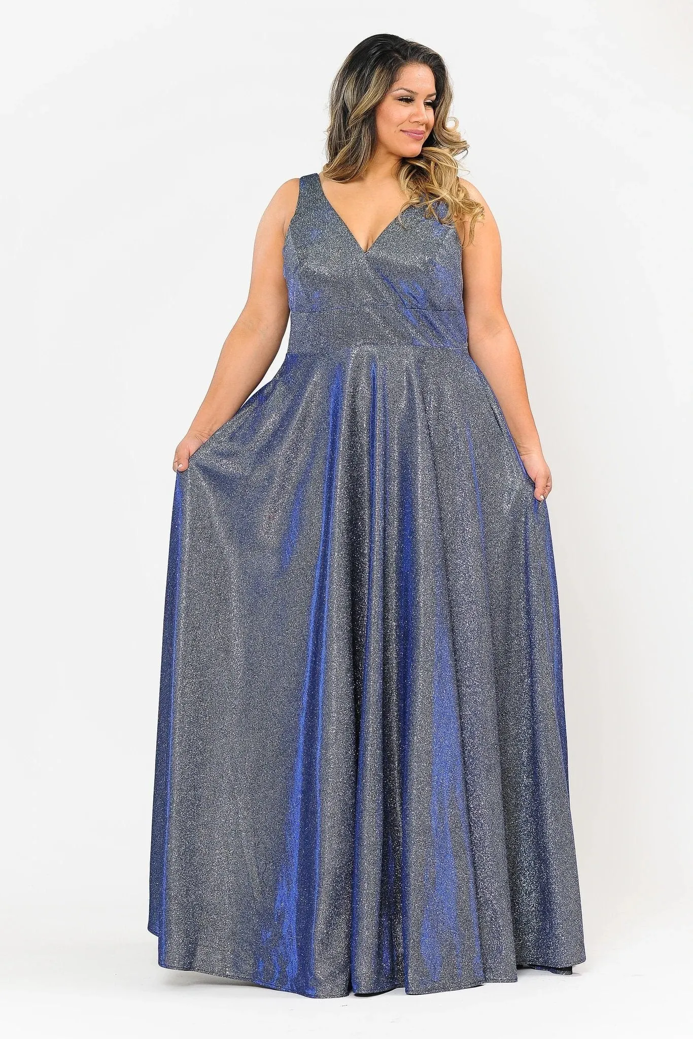 Plus Size Long Metallic Glitter V-Neck Dress by Poly USA W1036