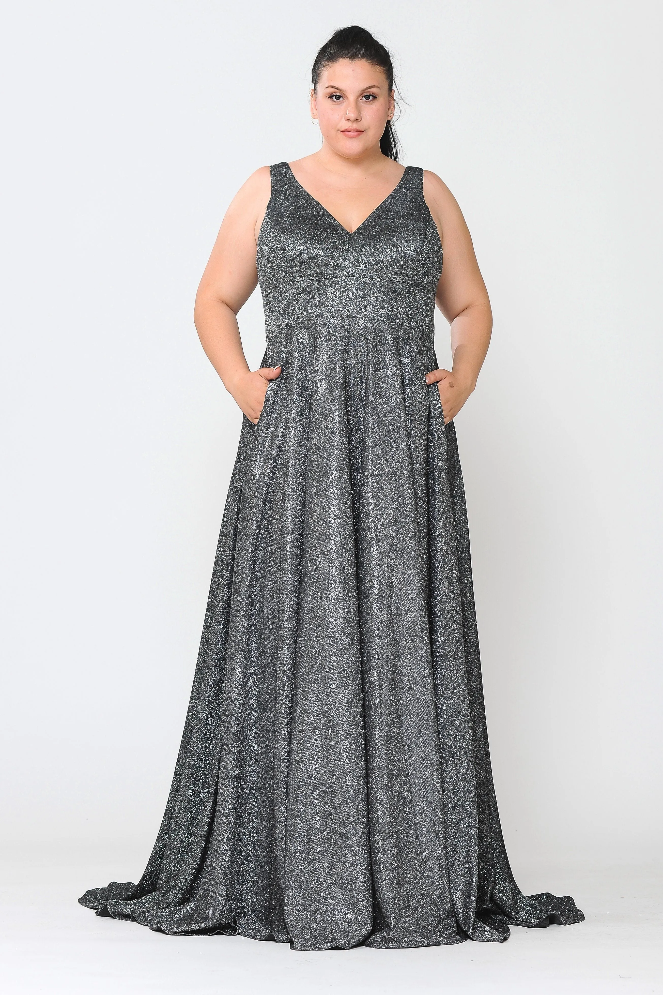 Plus Size Long Metallic Glitter V-Neck Dress by Poly USA W1036