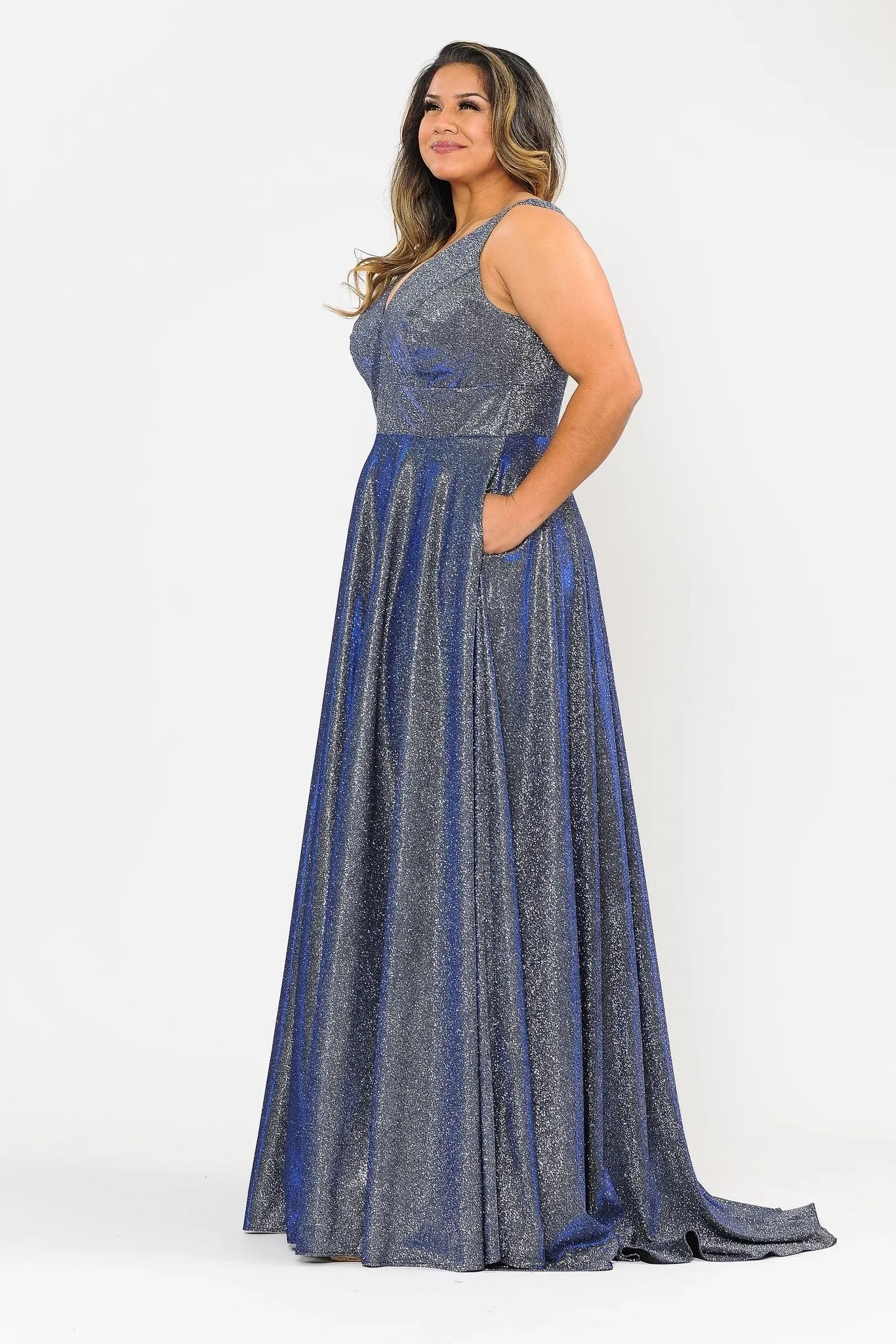 Plus Size Long Metallic Glitter V-Neck Dress by Poly USA W1036