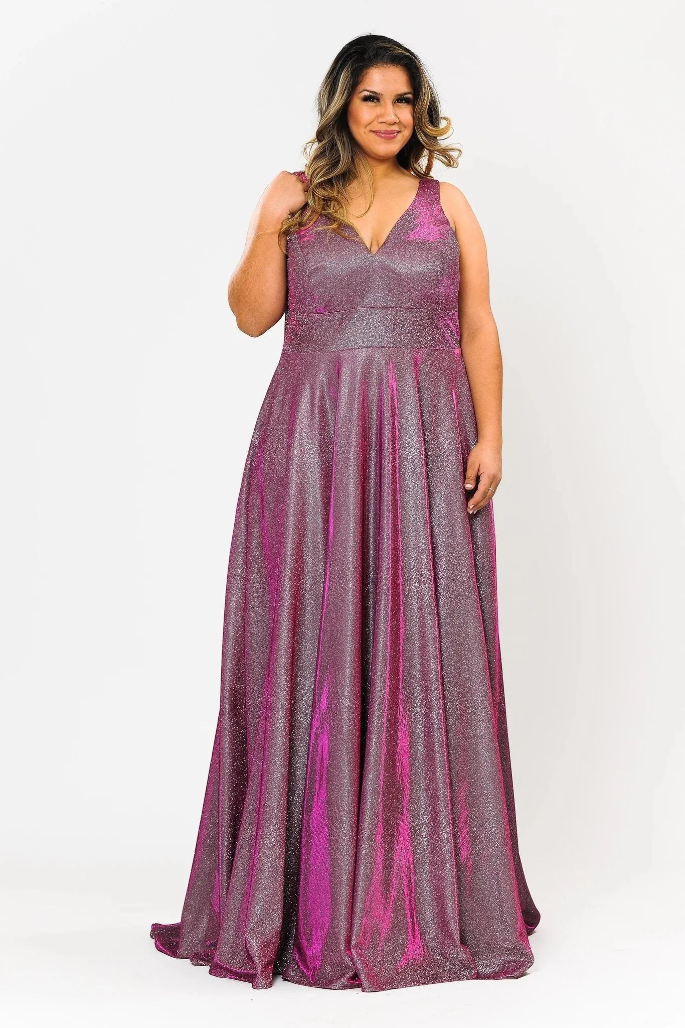 Plus Size Long Metallic Glitter V-Neck Dress by Poly USA W1036