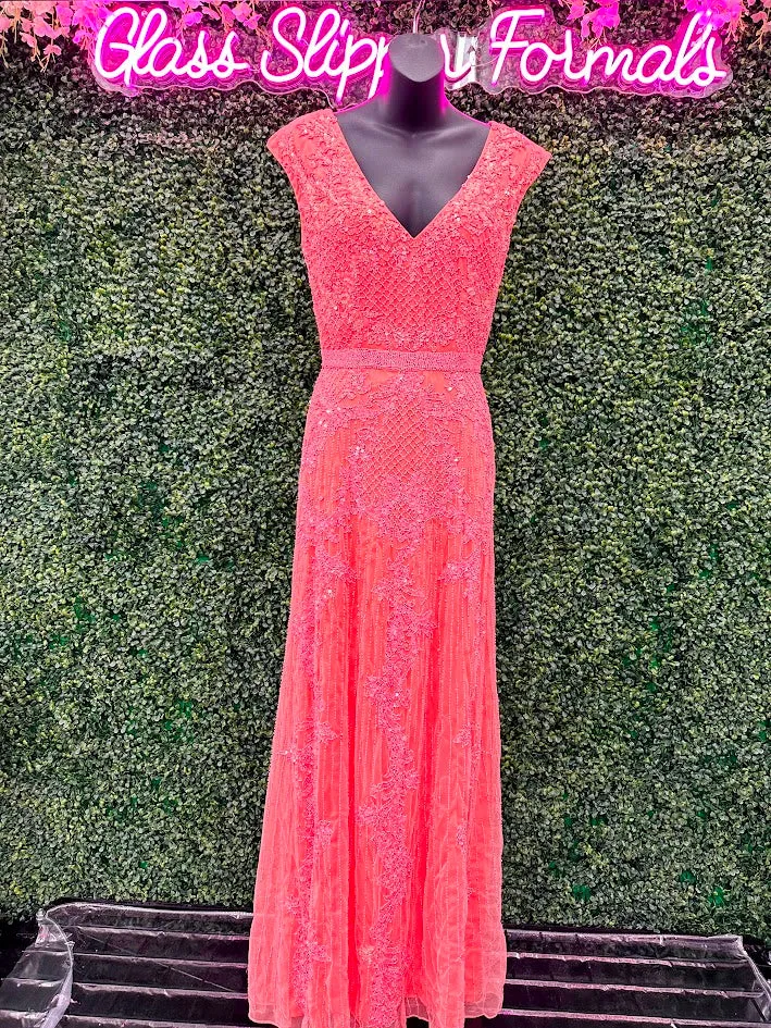 Primavera Couture 3794 Size 2 Neon Coral Sequined Evening Gown Cap Sleeves Prom Dress Mid Back