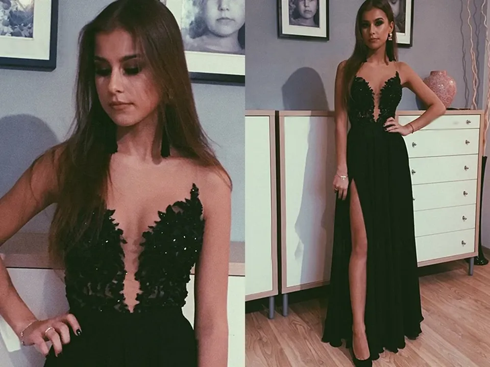 Promfast Deep V Neck Black Lace Long Prom Dress with Slit, Black Lace Formal Dress, Black Evening Dress PFP2041