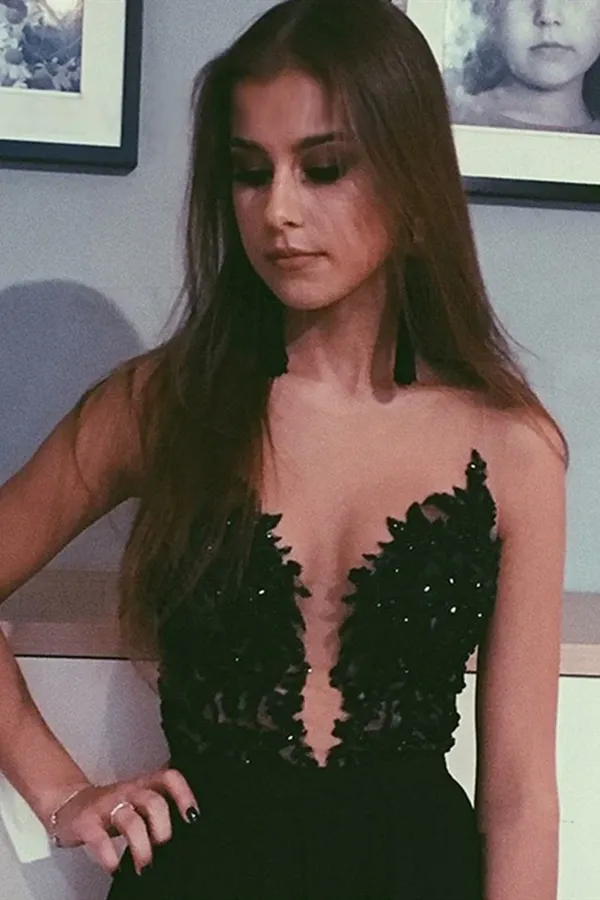 Promfast Deep V Neck Black Lace Long Prom Dress with Slit, Black Lace Formal Dress, Black Evening Dress PFP2041