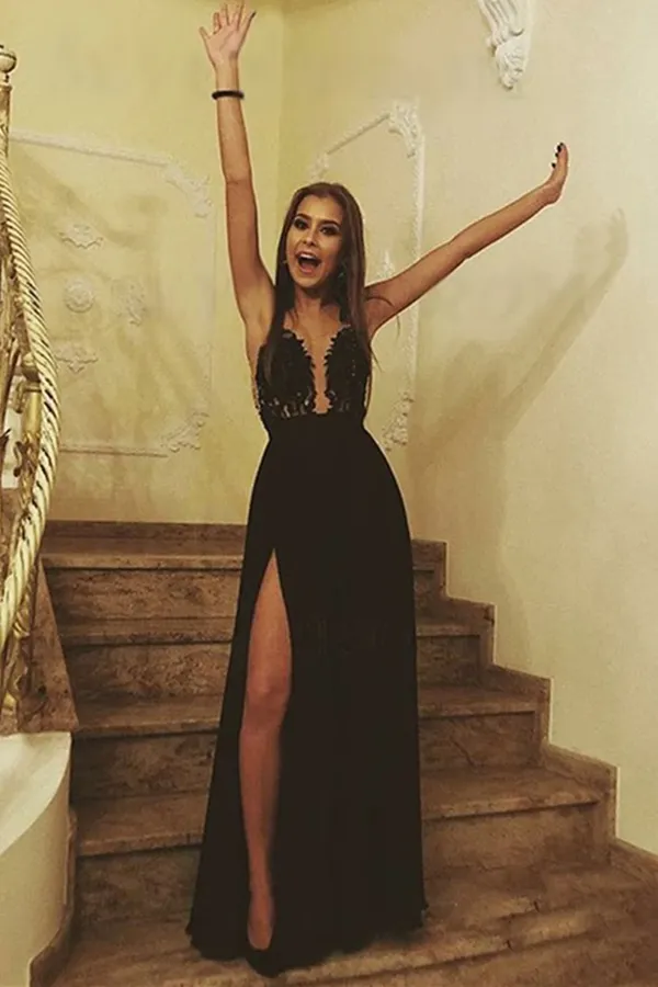 Promfast Deep V Neck Black Lace Long Prom Dress with Slit, Black Lace Formal Dress, Black Evening Dress PFP2041