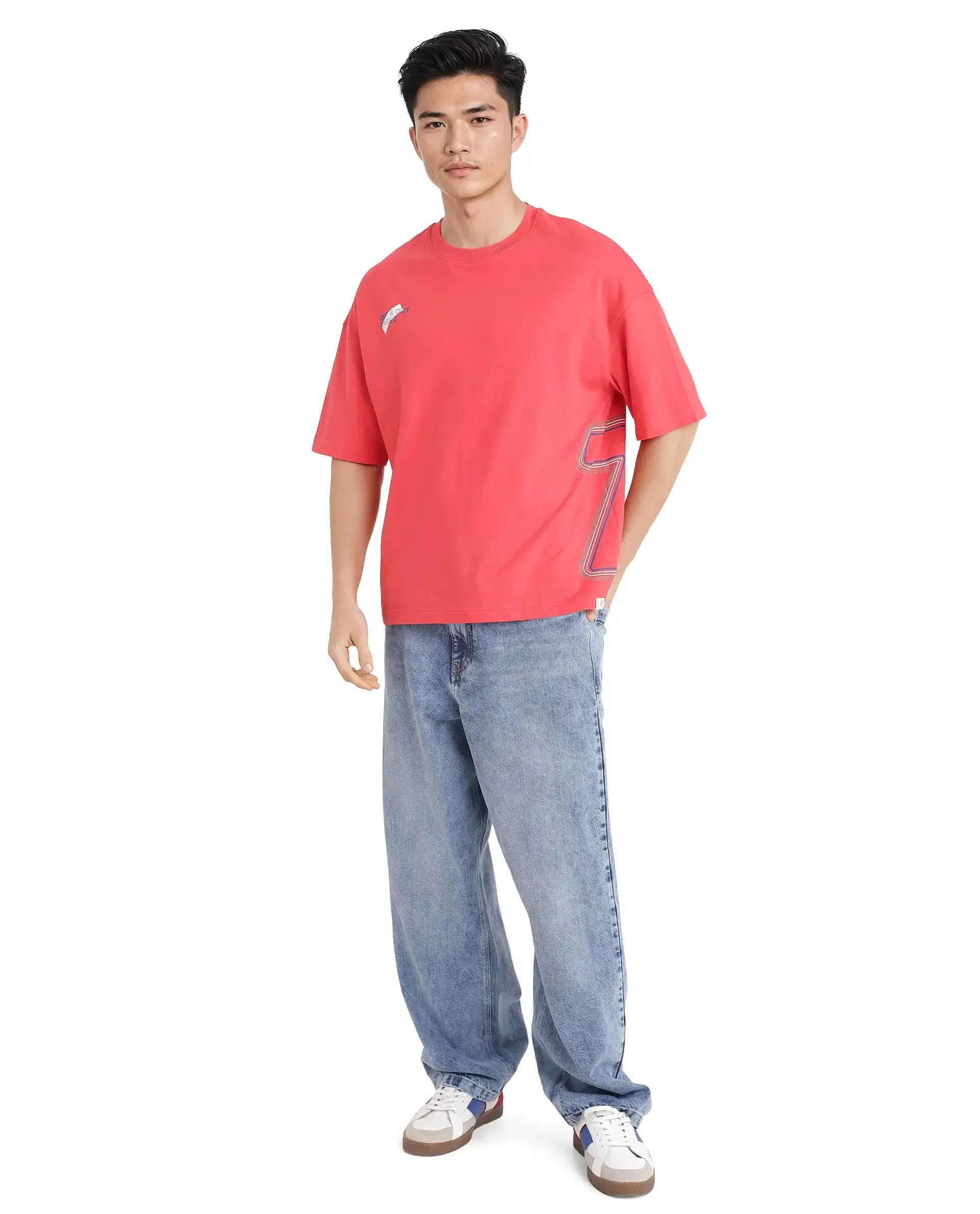Rare Rabbit Men Klas Red Cotton Fabric Short Sleeve Crew Neck Oversized Fit All Over Placement Backprint T-Shirt