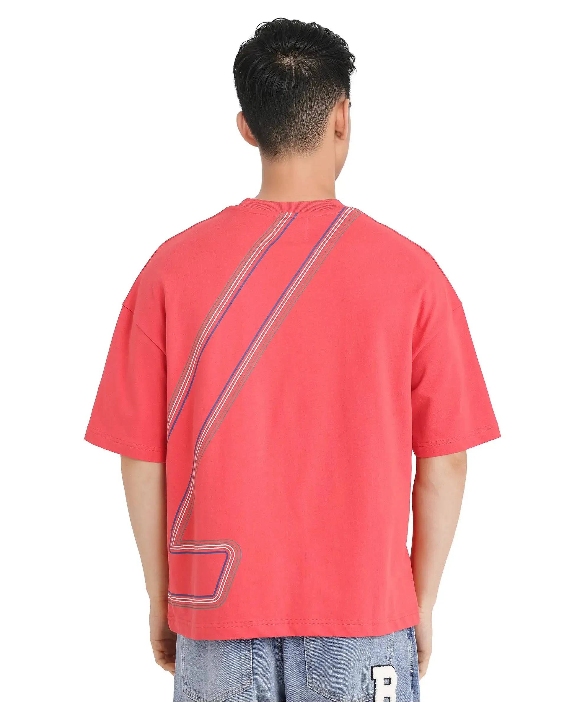 Rare Rabbit Men Klas Red Cotton Fabric Short Sleeve Crew Neck Oversized Fit All Over Placement Backprint T-Shirt