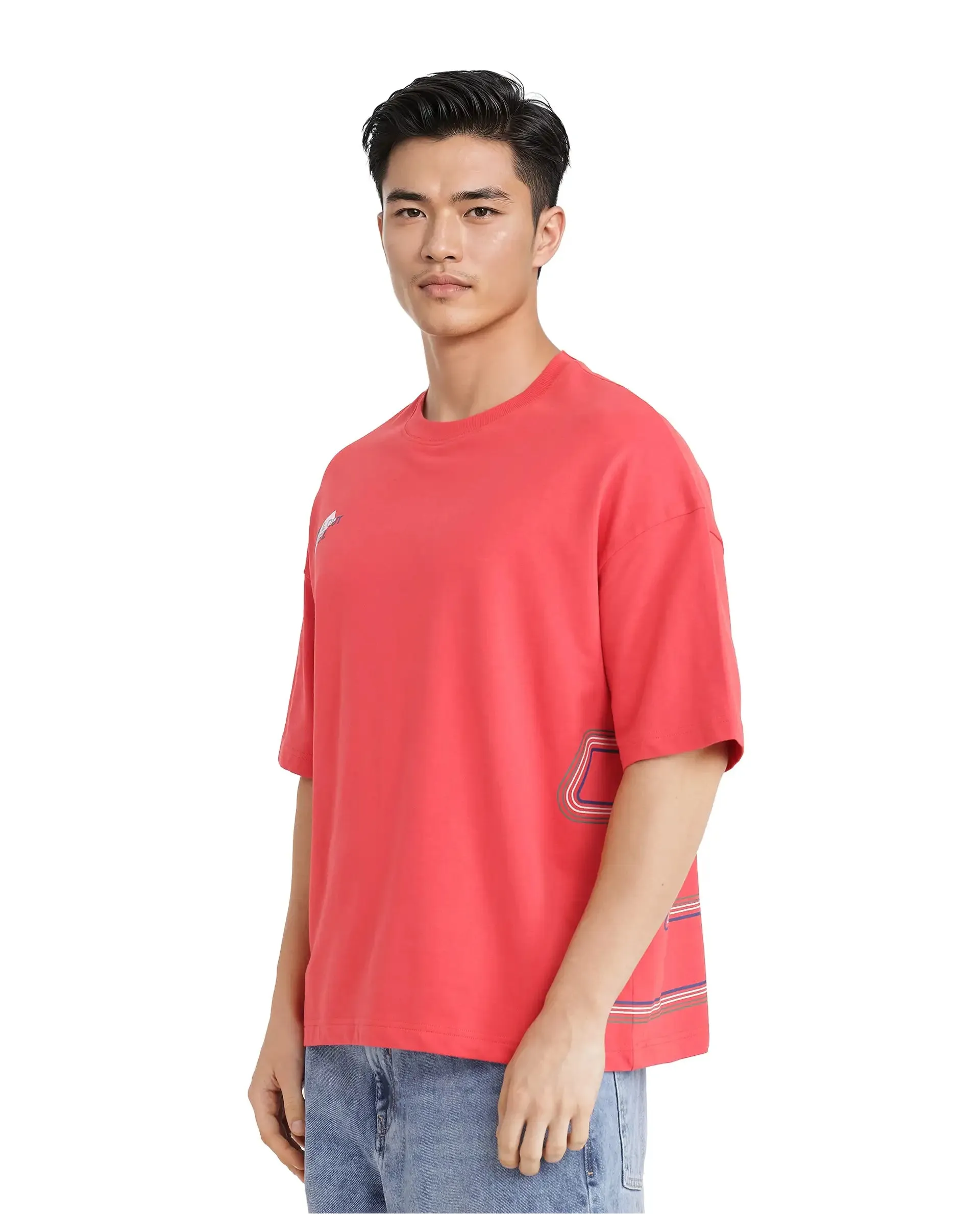 Rare Rabbit Men Klas Red Cotton Fabric Short Sleeve Crew Neck Oversized Fit All Over Placement Backprint T-Shirt