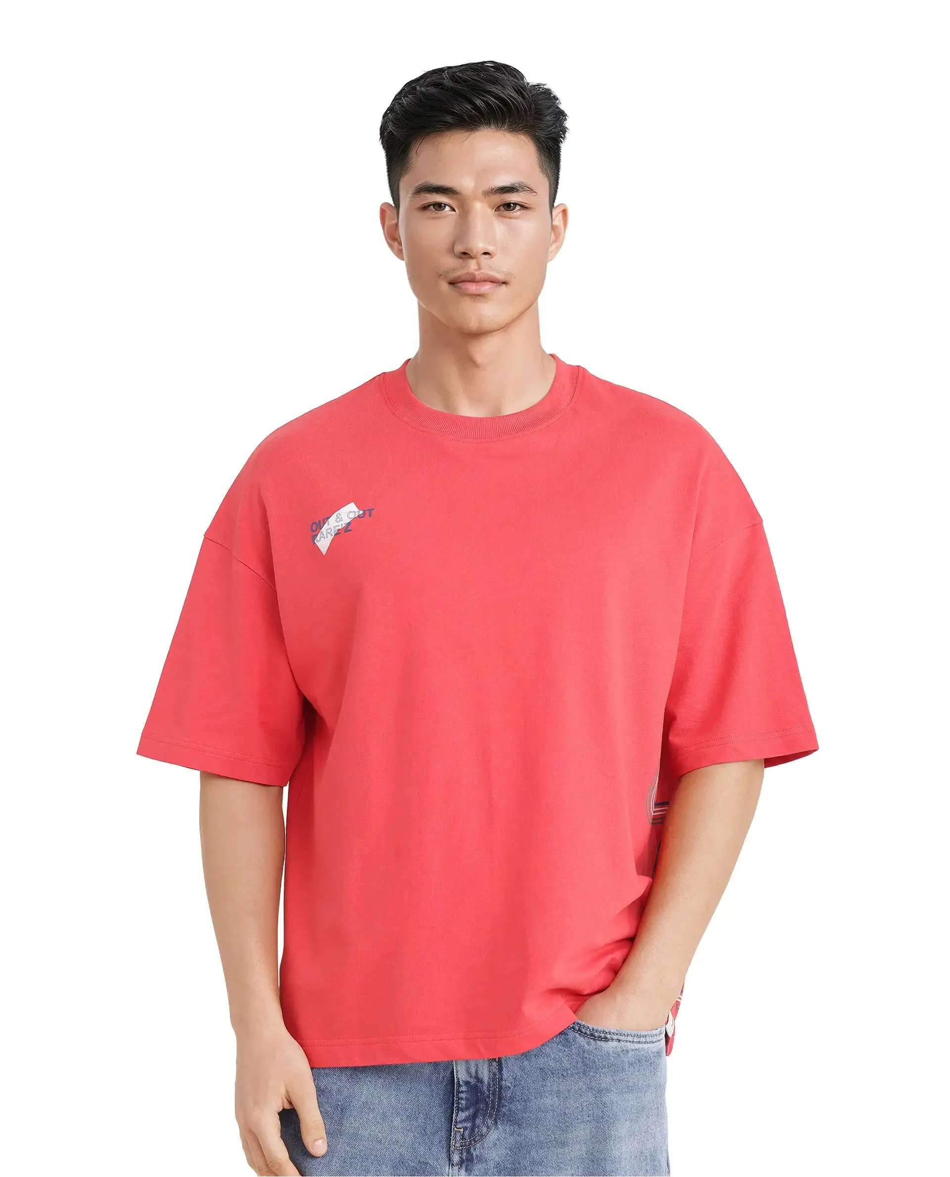 Rare Rabbit Men Klas Red Cotton Fabric Short Sleeve Crew Neck Oversized Fit All Over Placement Backprint T-Shirt
