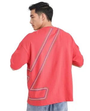 Rare Rabbit Men Klas Red Cotton Fabric Short Sleeve Crew Neck Oversized Fit All Over Placement Backprint T-Shirt