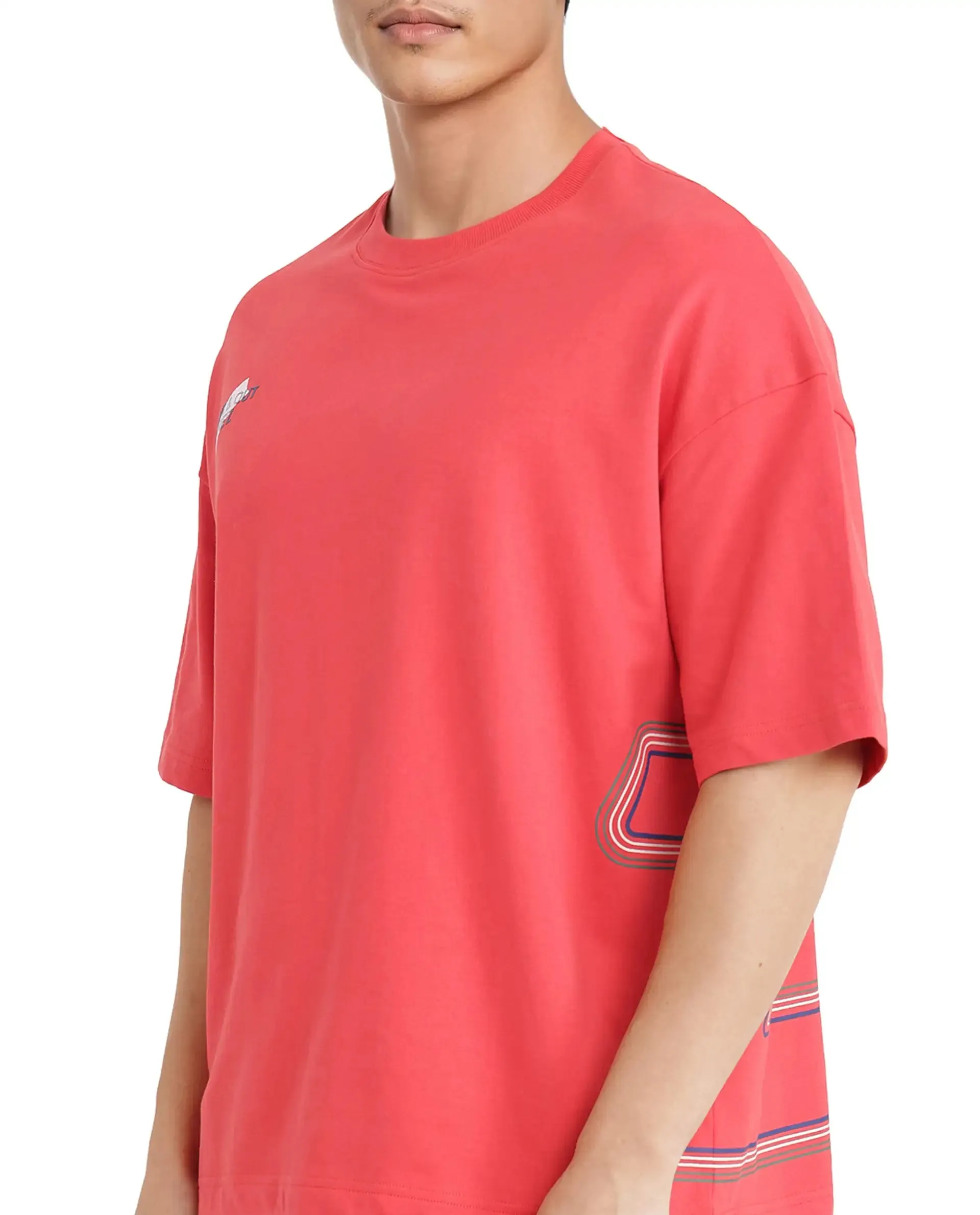 Rare Rabbit Men Klas Red Cotton Fabric Short Sleeve Crew Neck Oversized Fit All Over Placement Backprint T-Shirt