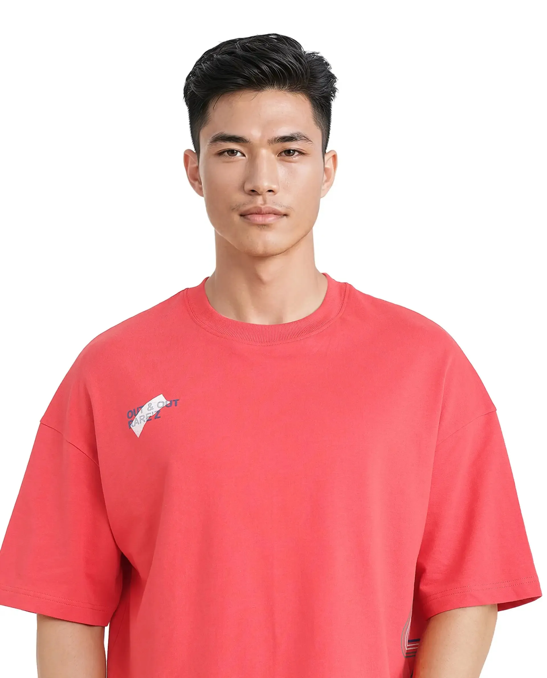 Rare Rabbit Men Klas Red Cotton Fabric Short Sleeve Crew Neck Oversized Fit All Over Placement Backprint T-Shirt